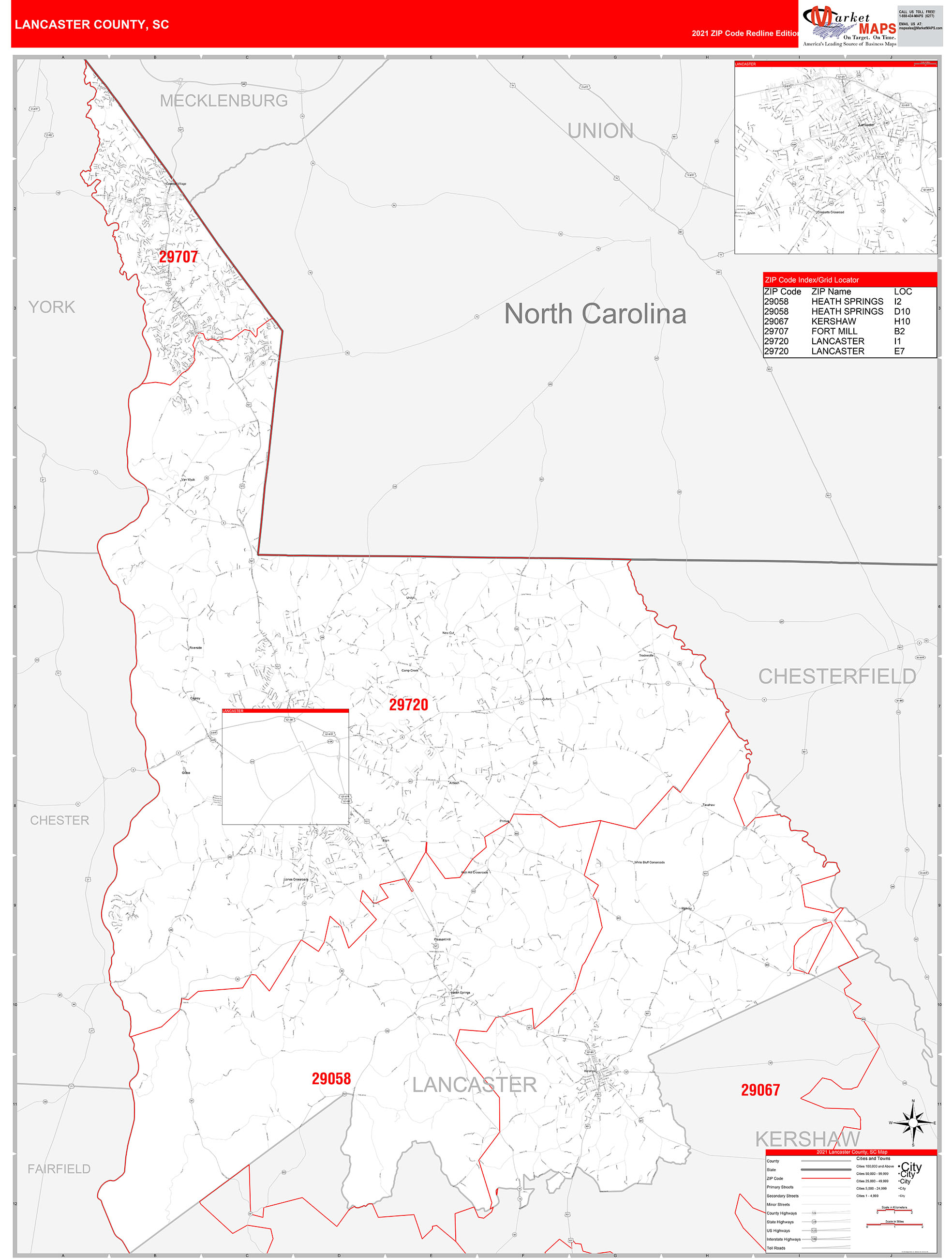 Lancaster County, SC Zip Code Wall Map Red Line Style by MarketMAPS