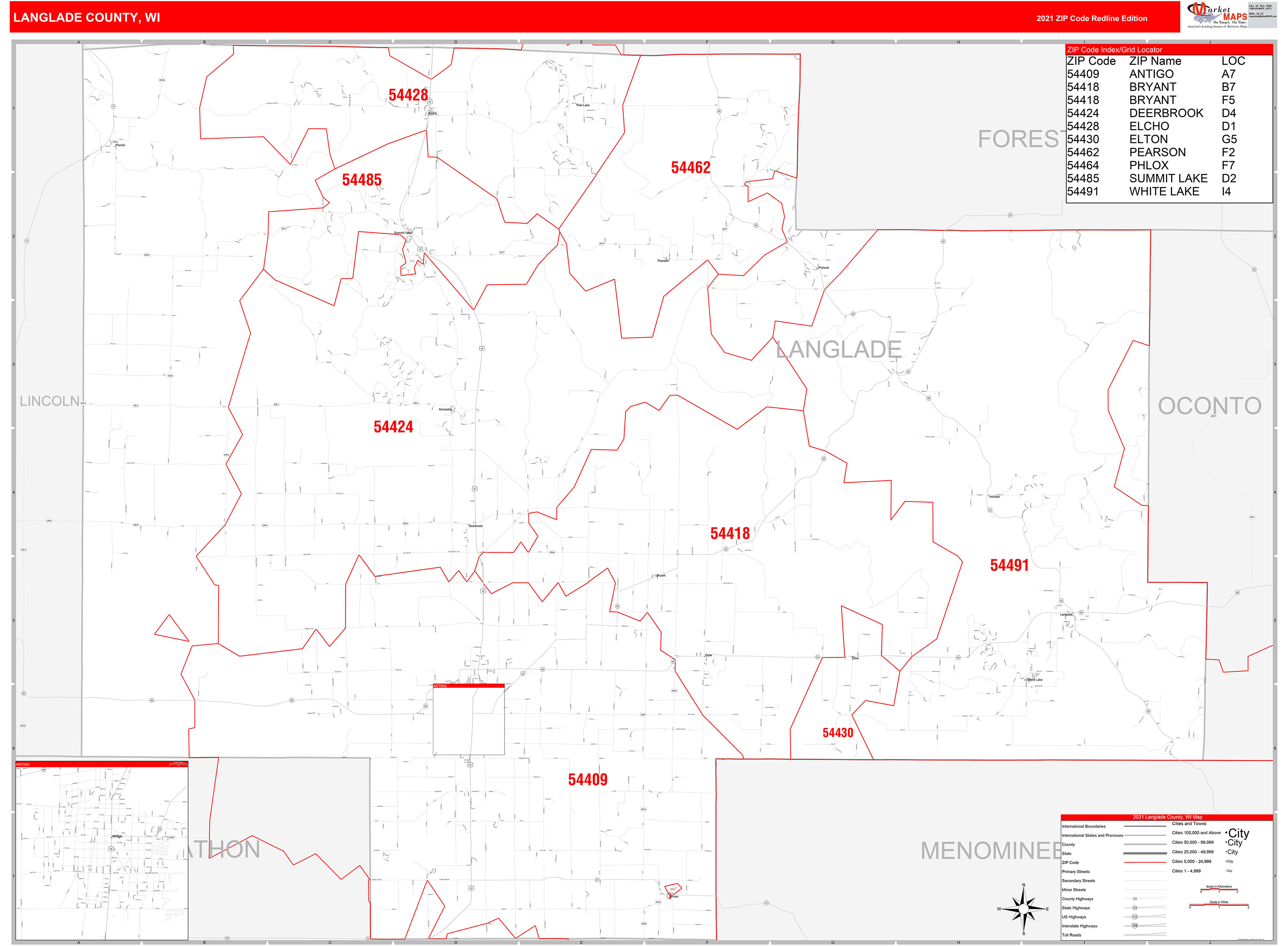 Langlade County, WI Zip Code Wall Map Red Line Style by MarketMAPS ...