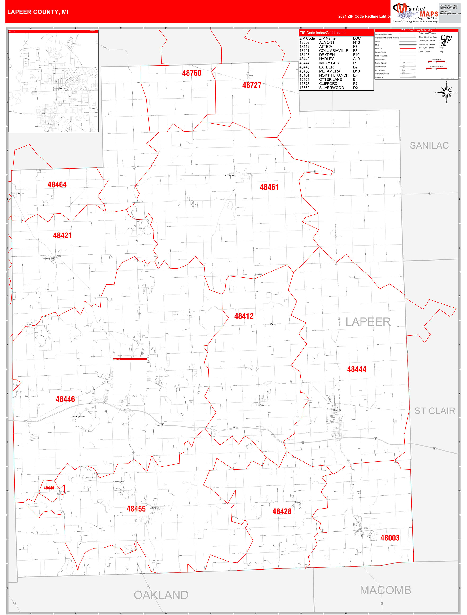 Lapeer County Mi Zip Code Wall Map Red Line Style By Marketmaps 3106