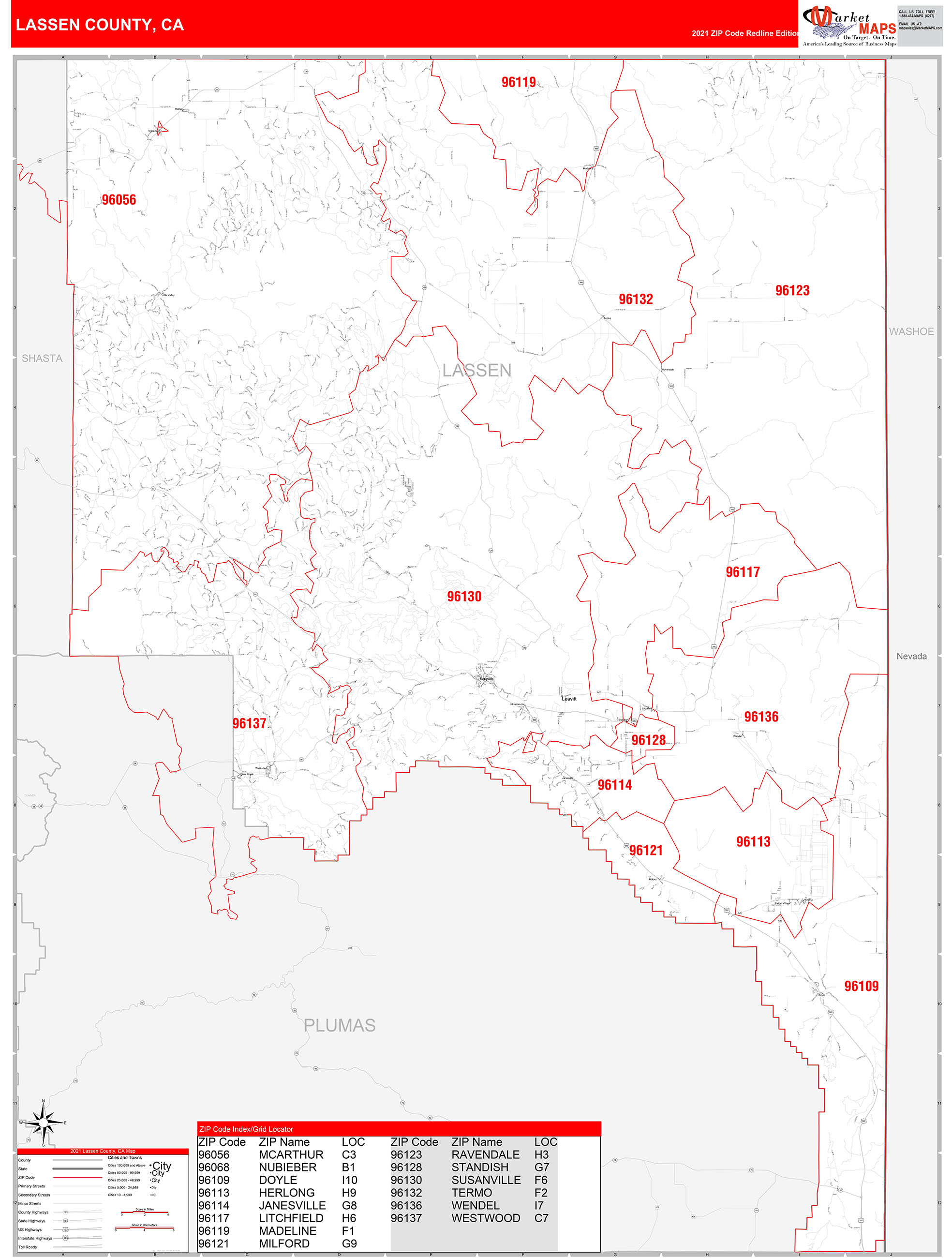 Lassen County, CA Zip Code Wall Map Red Line Style by MarketMAPS - MapSales