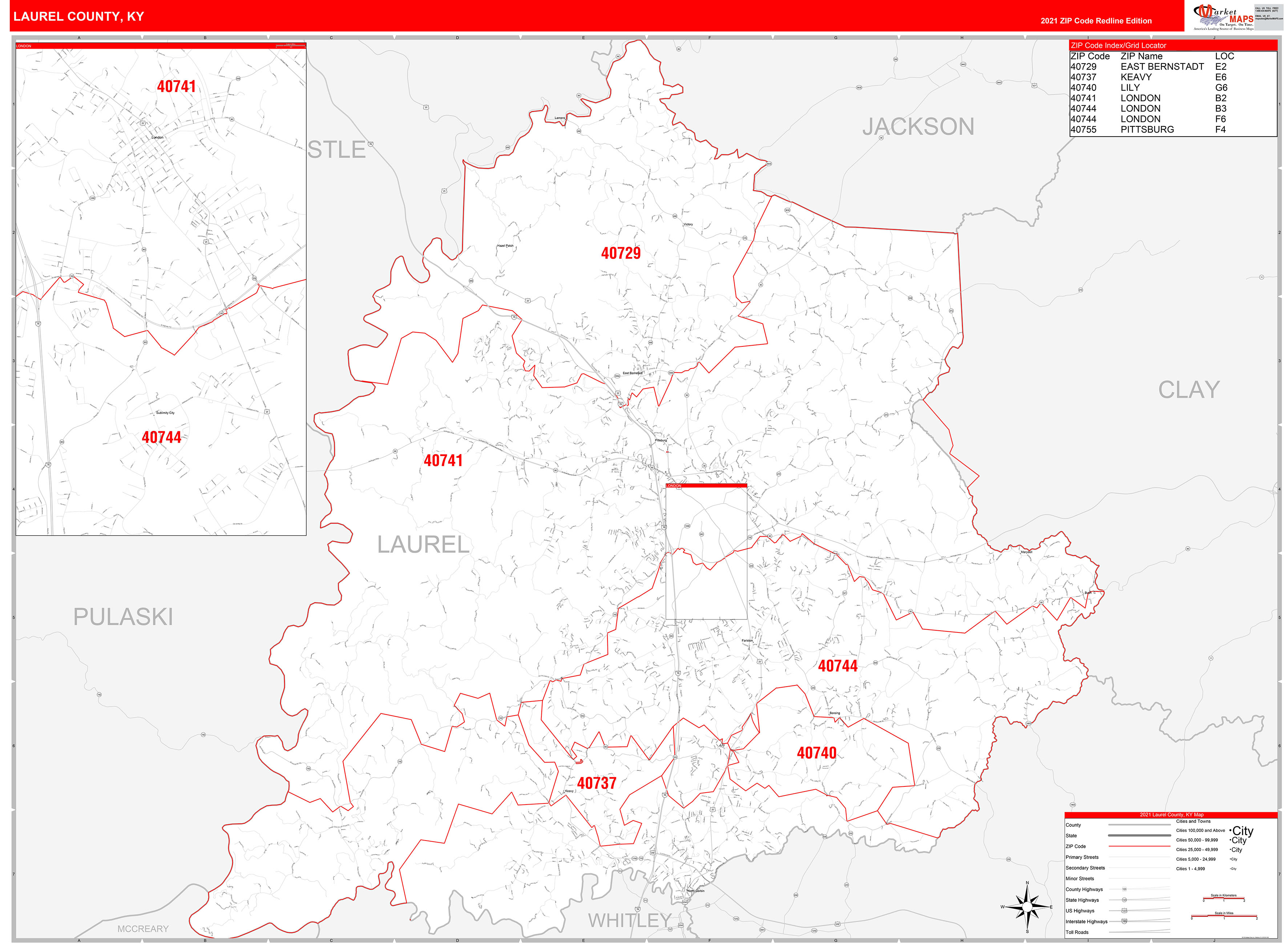 Laurel County, KY Zip Code Wall Map Red Line Style by MarketMAPS - MapSales