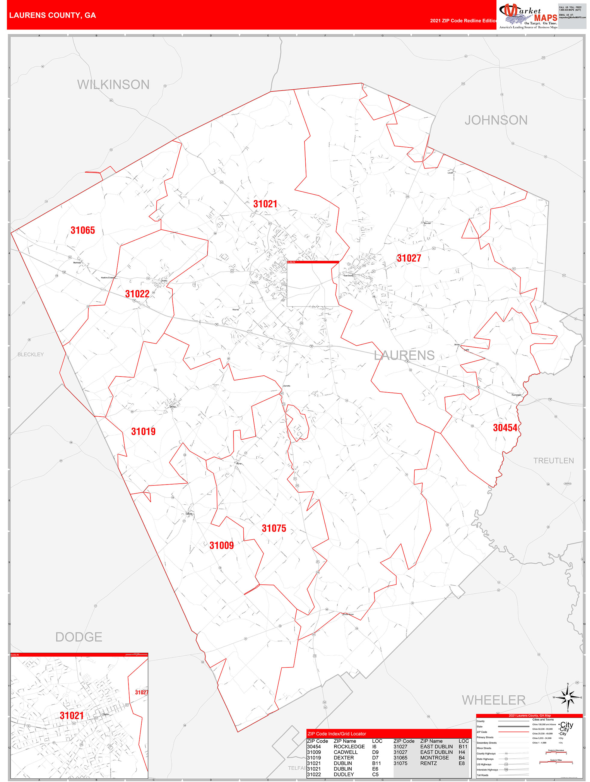 Laurens County, GA Zip Code Wall Map Red Line Style by MarketMAPS