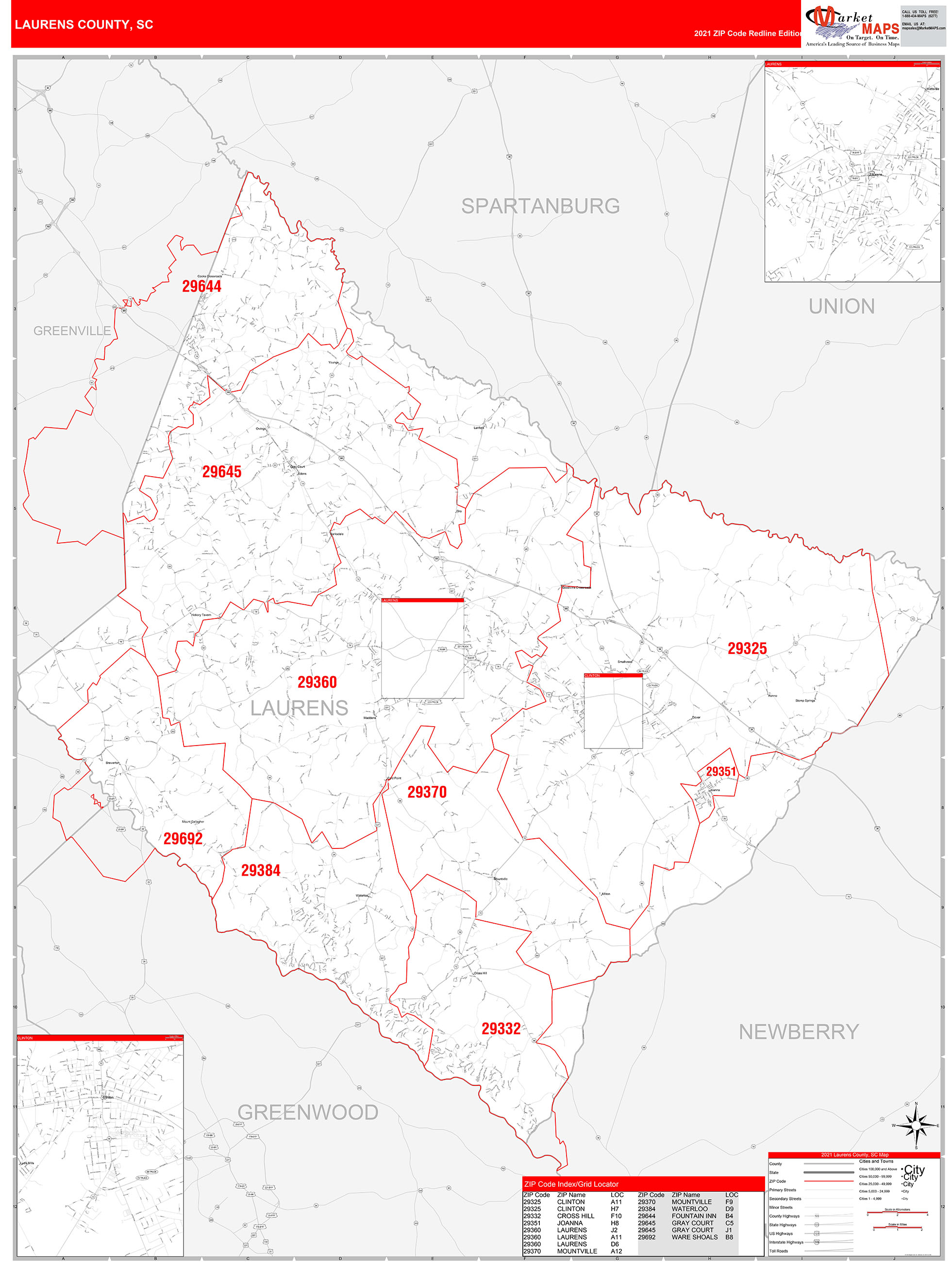 Laurens County, SC Zip Code Wall Map Red Line Style by MarketMAPS