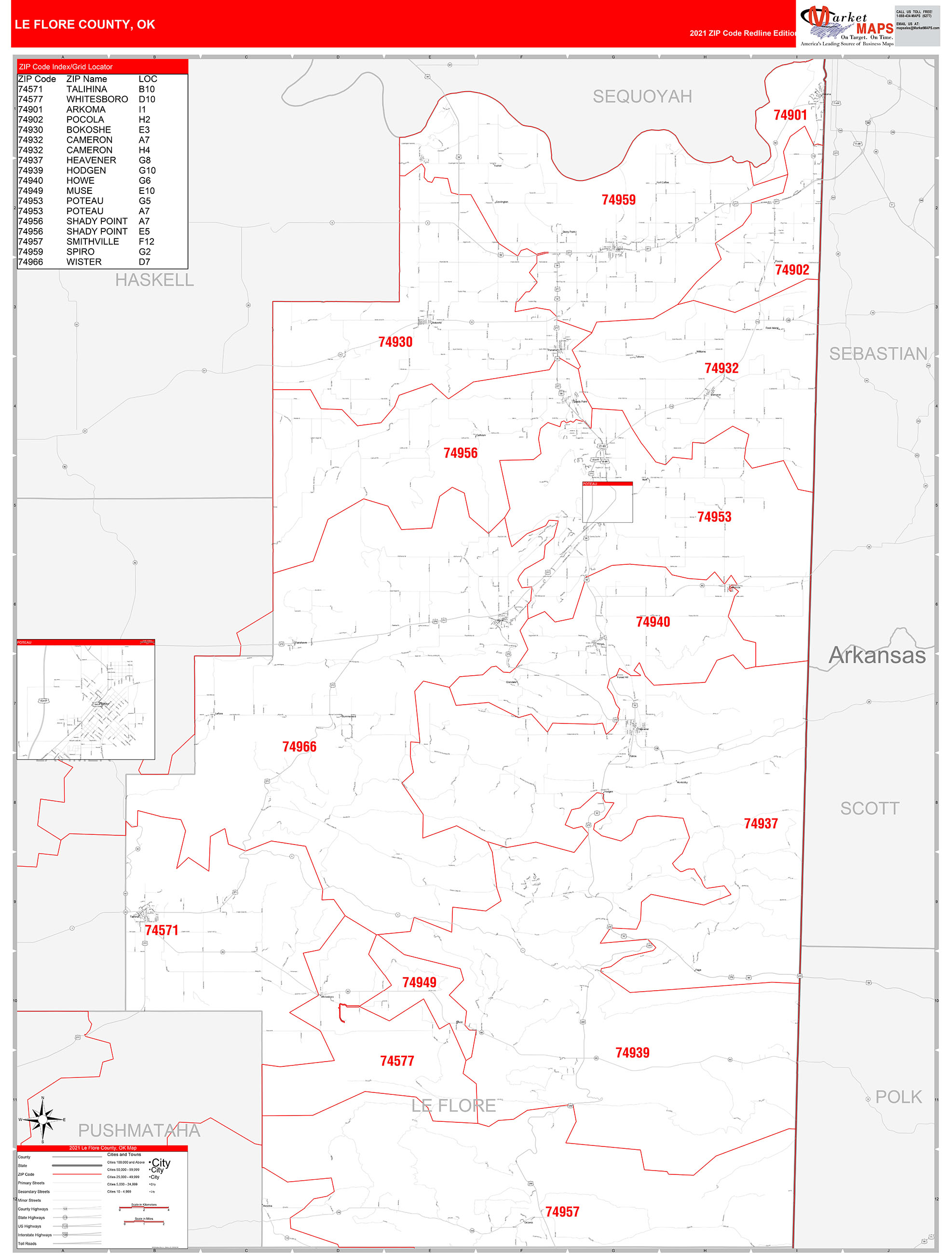 Le Flore County OK Zip Code Wall Map Red Line Style By MarketMAPS   LeFlore OK 