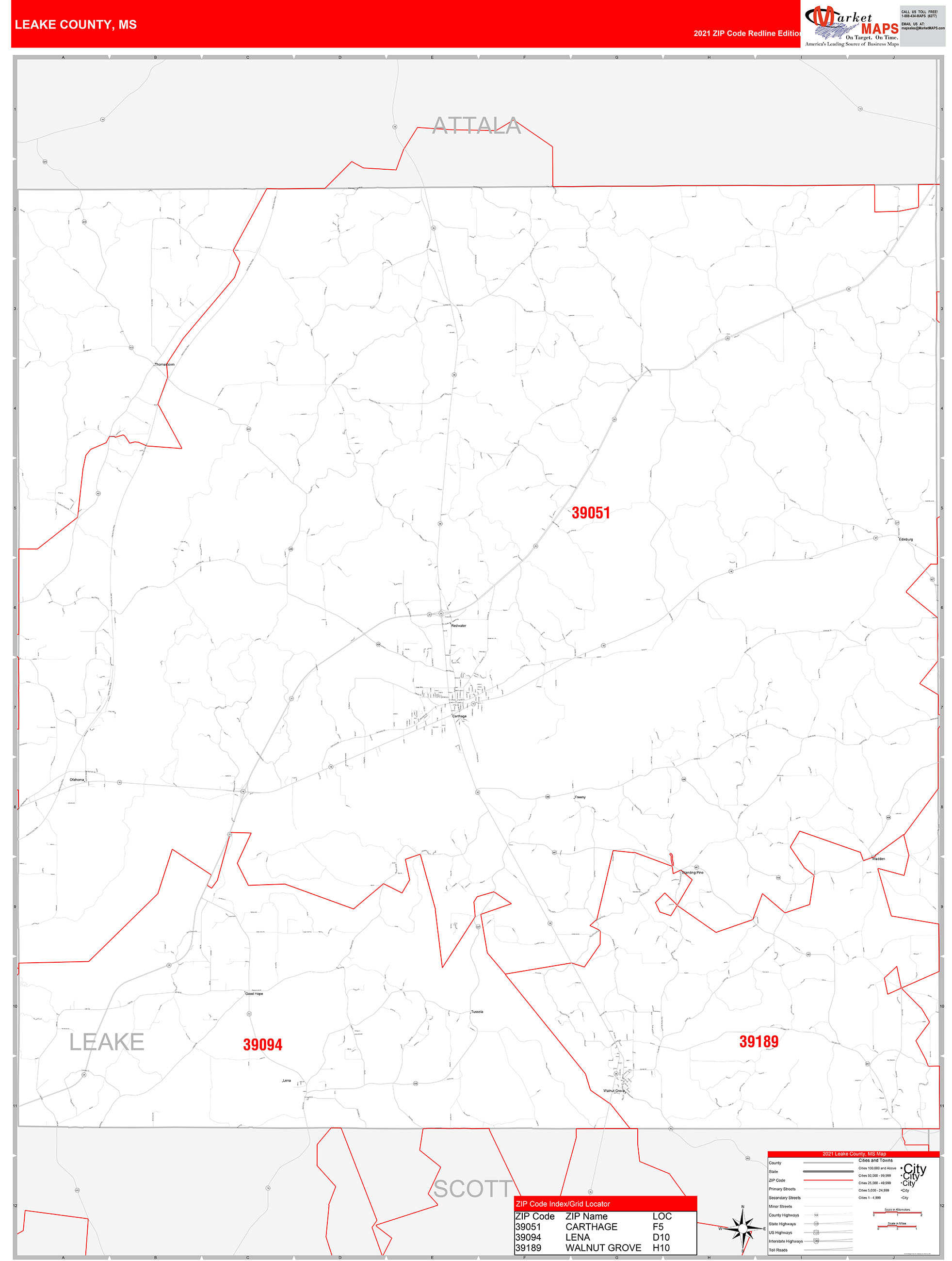 Leake County, MS Zip Code Wall Map Red Line Style by MarketMAPS MapSales