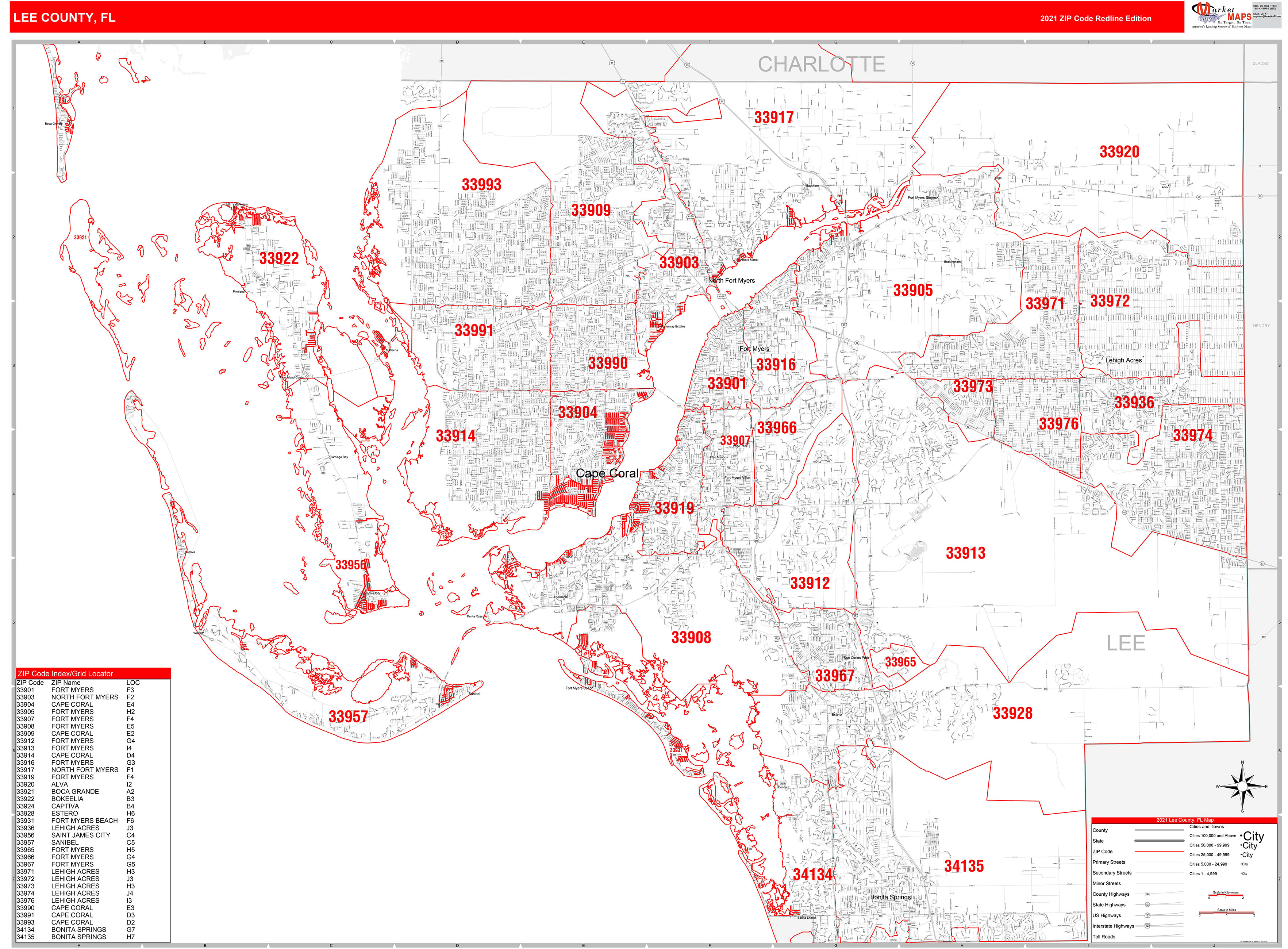 Lee County Fl Zip Code Wall Map Red Line Style By Marketmaps Mapsales 4186