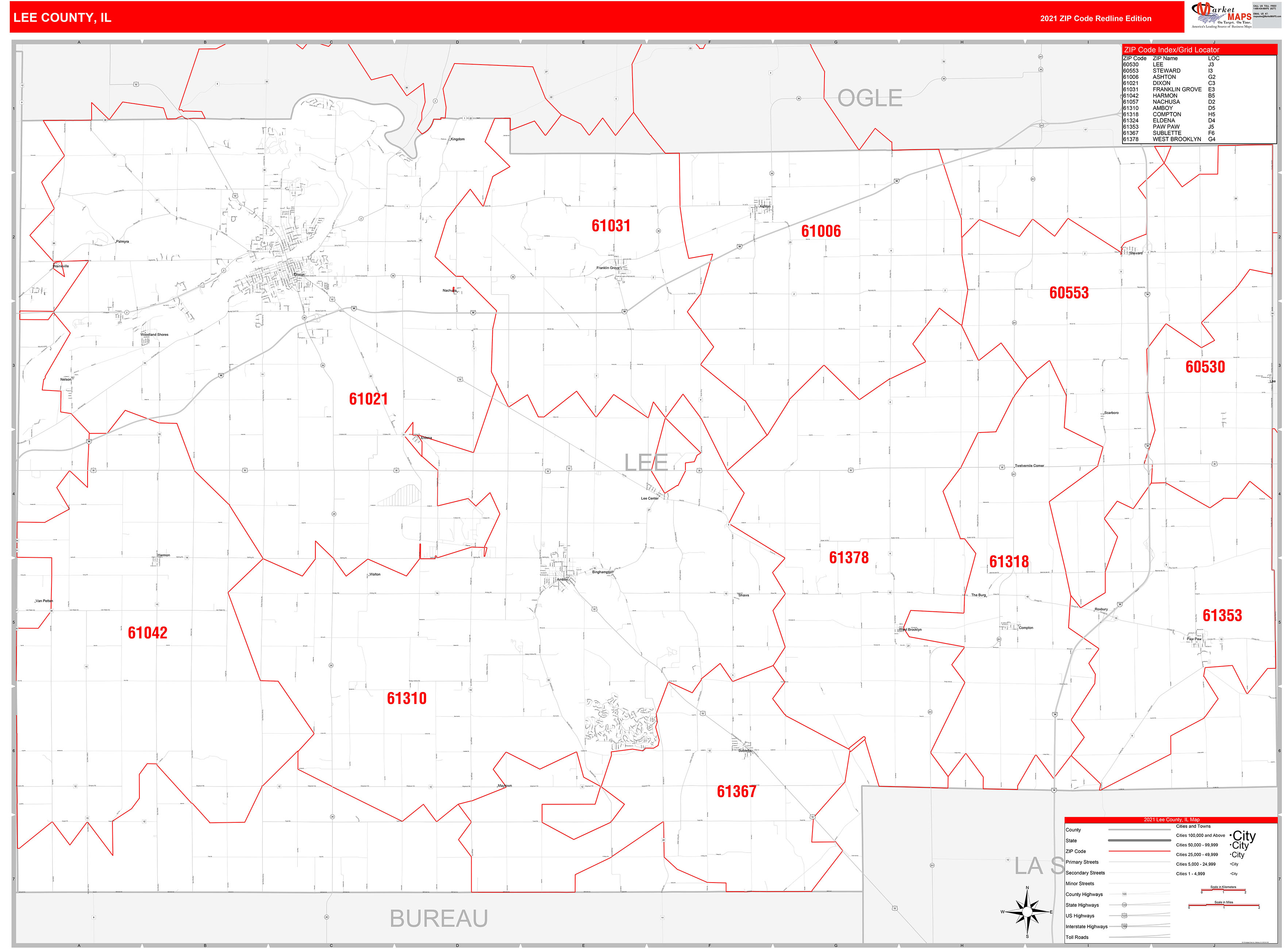 Lee County Il Zip Code Wall Map Red Line Style By Marketmaps