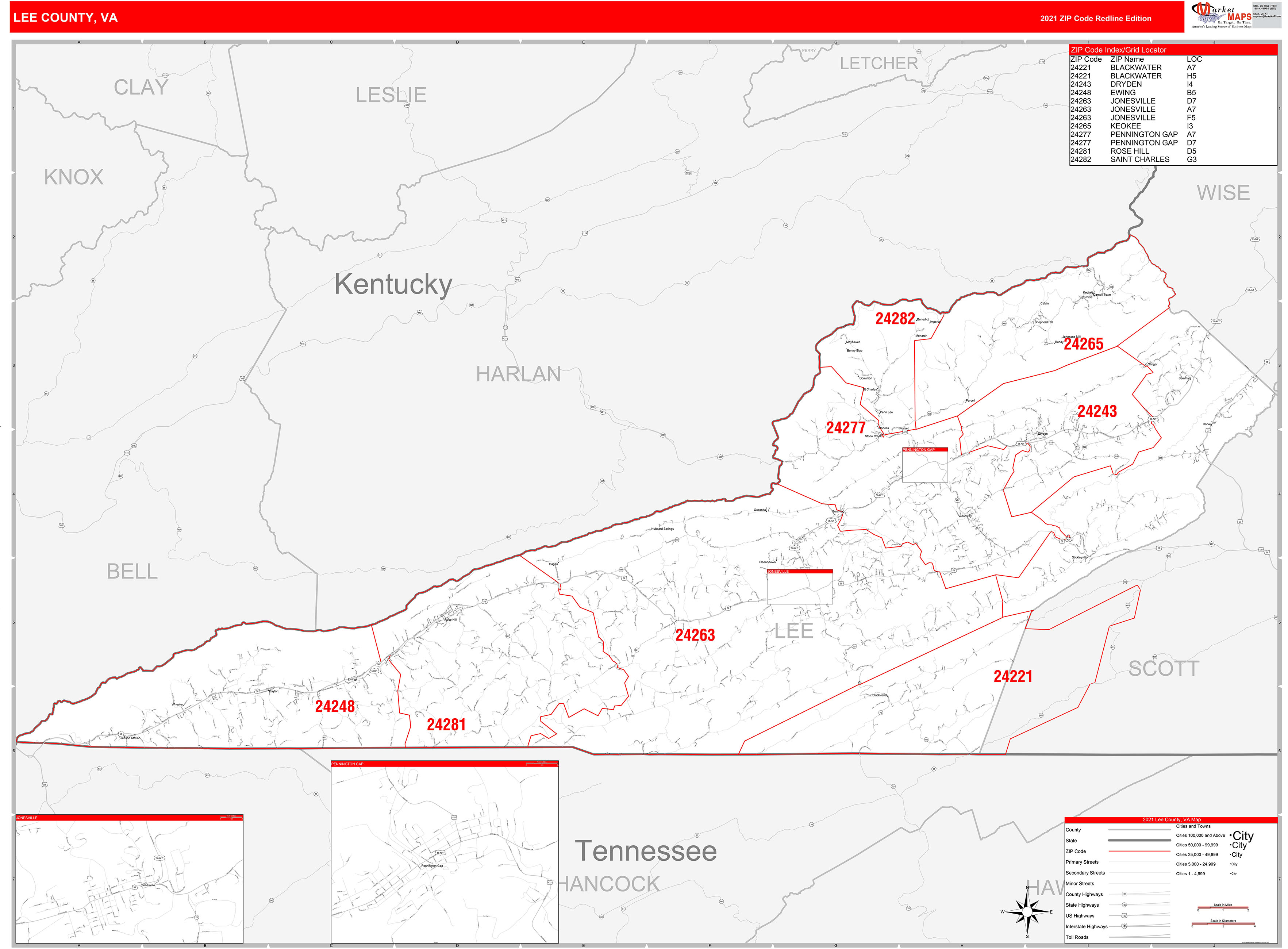 Lee County, VA Zip Code Wall Map Red Line Style by MarketMAPS