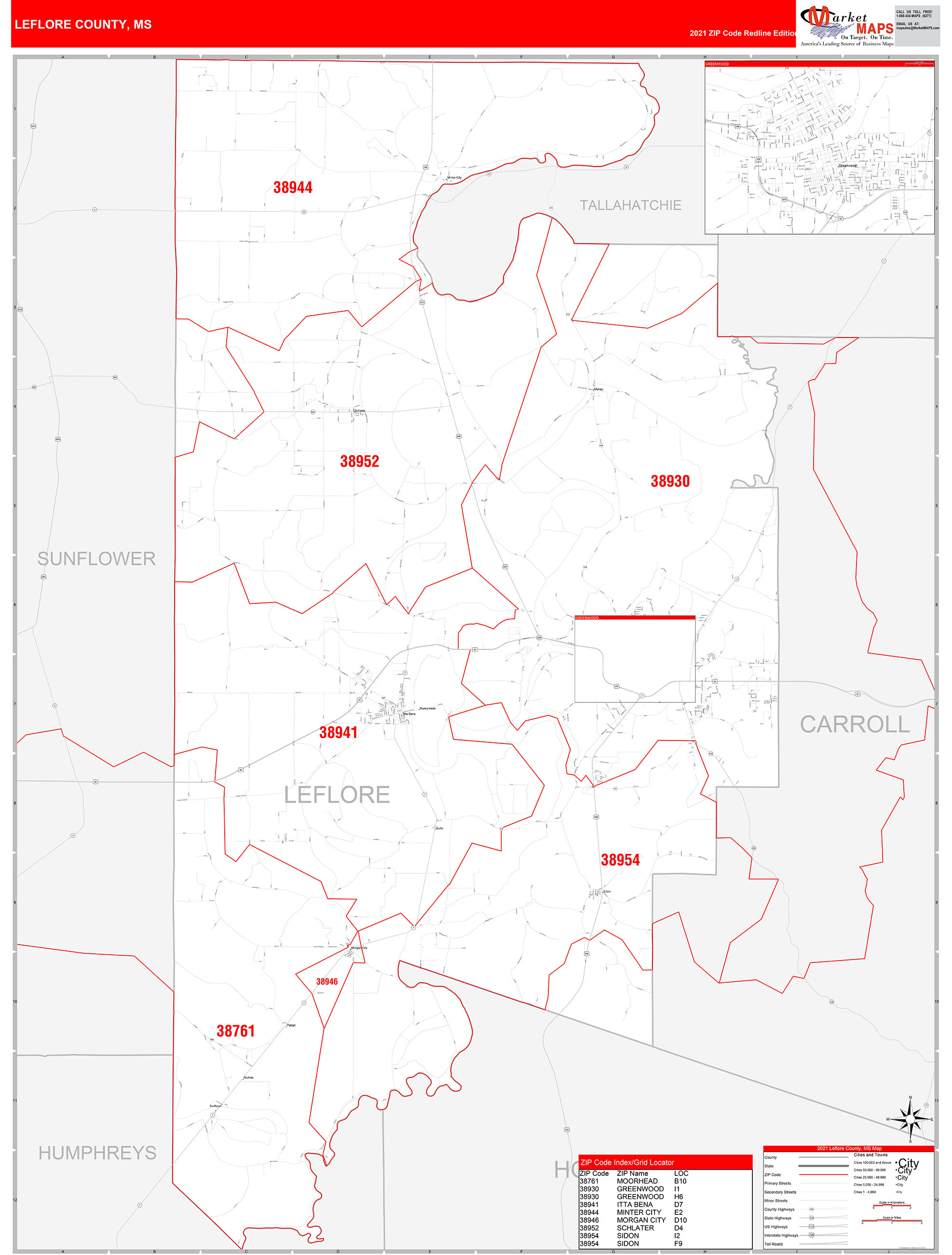 Leflore County, MS Zip Code Wall Map Red Line Style by MarketMAPS