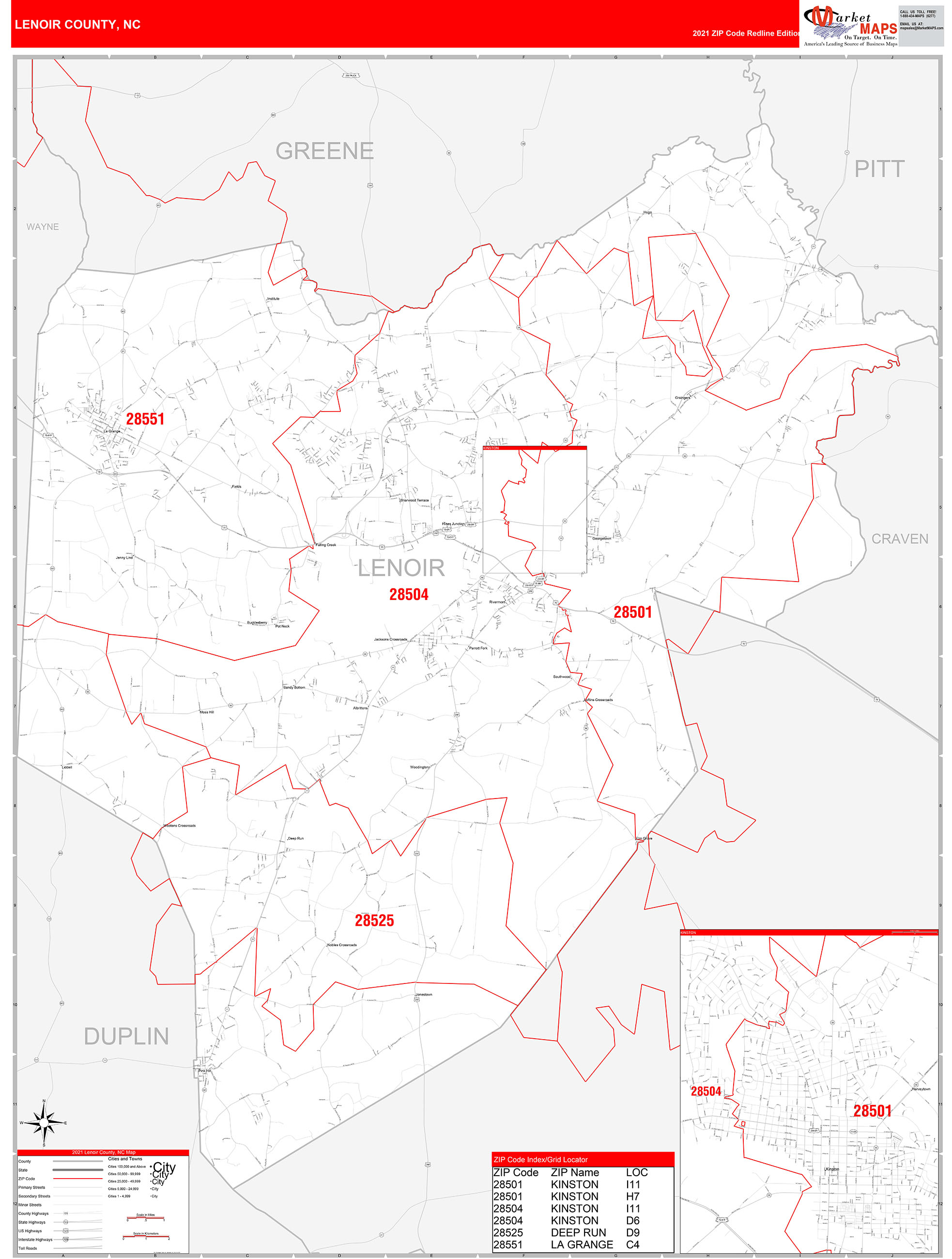 Lenoir County, NC Zip Code Wall Map Red Line Style by MarketMAPS - MapSales