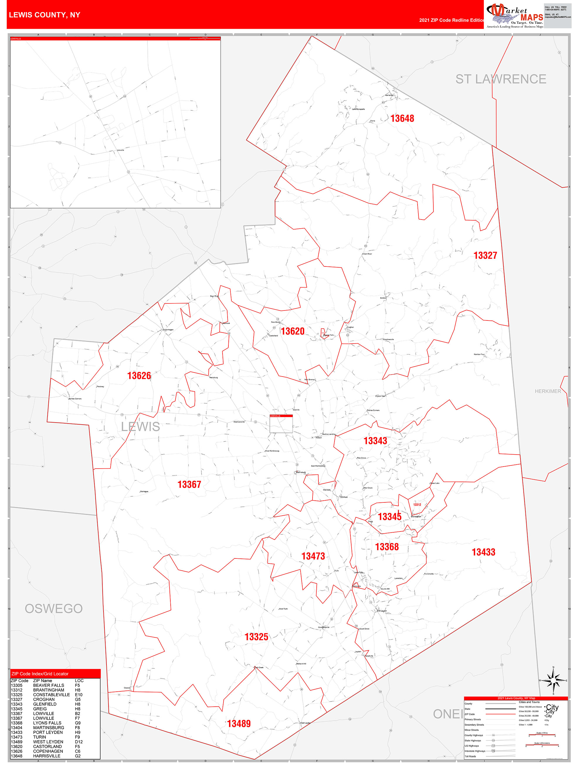 Lewis County, NY Zip Code Wall Map Red Line Style by MarketMAPS MapSales