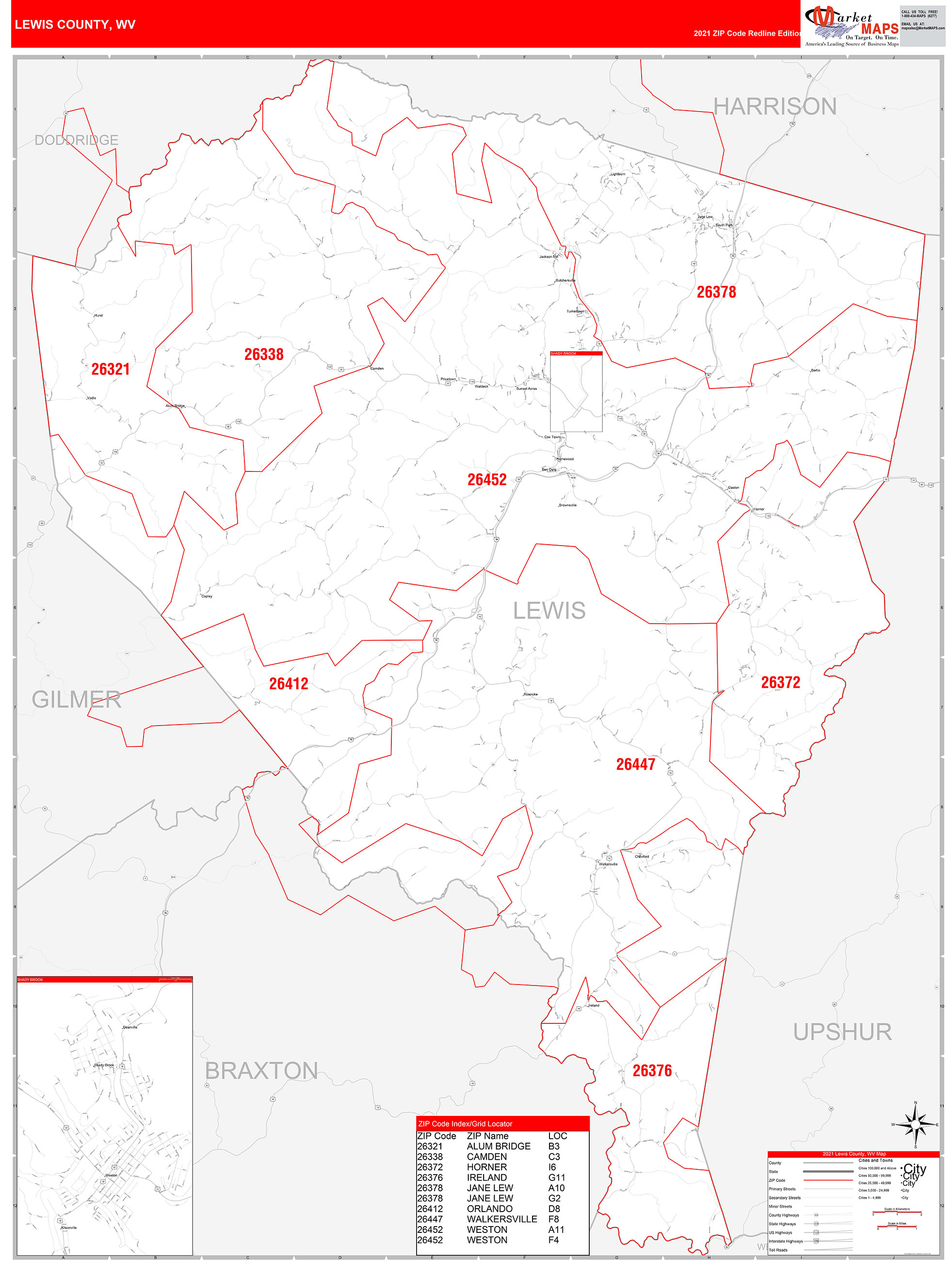 Lewis County Wv Zip Code Wall Map Red Line Style By Marketmaps