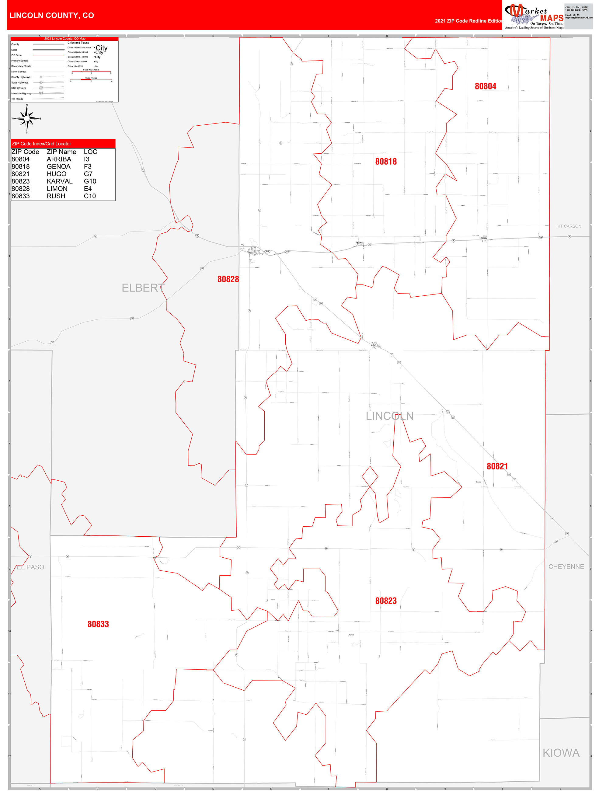 Lincoln County, CO Zip Code Wall Map Red Line Style by MarketMAPS