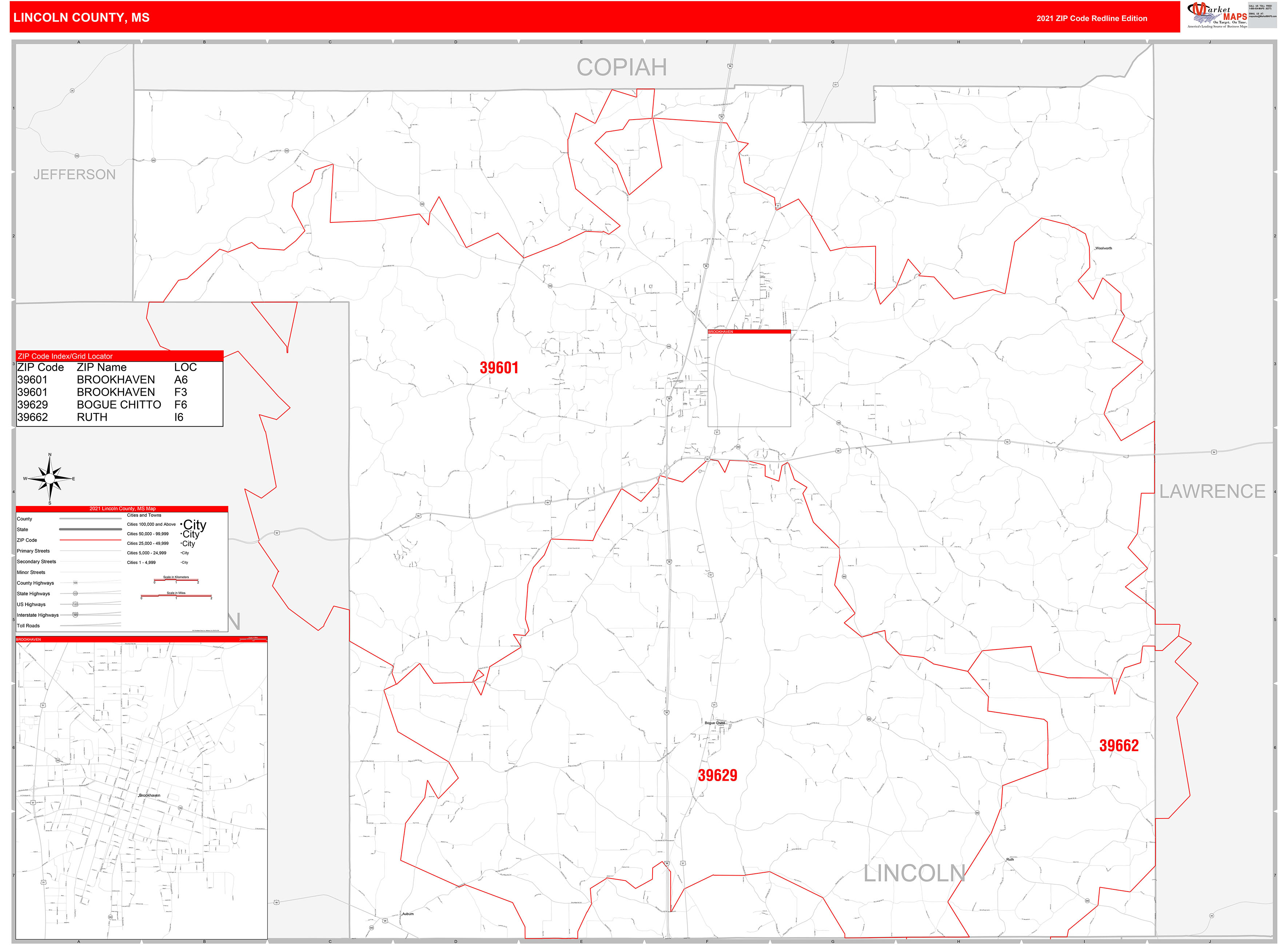 Lincoln County, MS Zip Code Wall Map Red Line Style by MarketMAPS