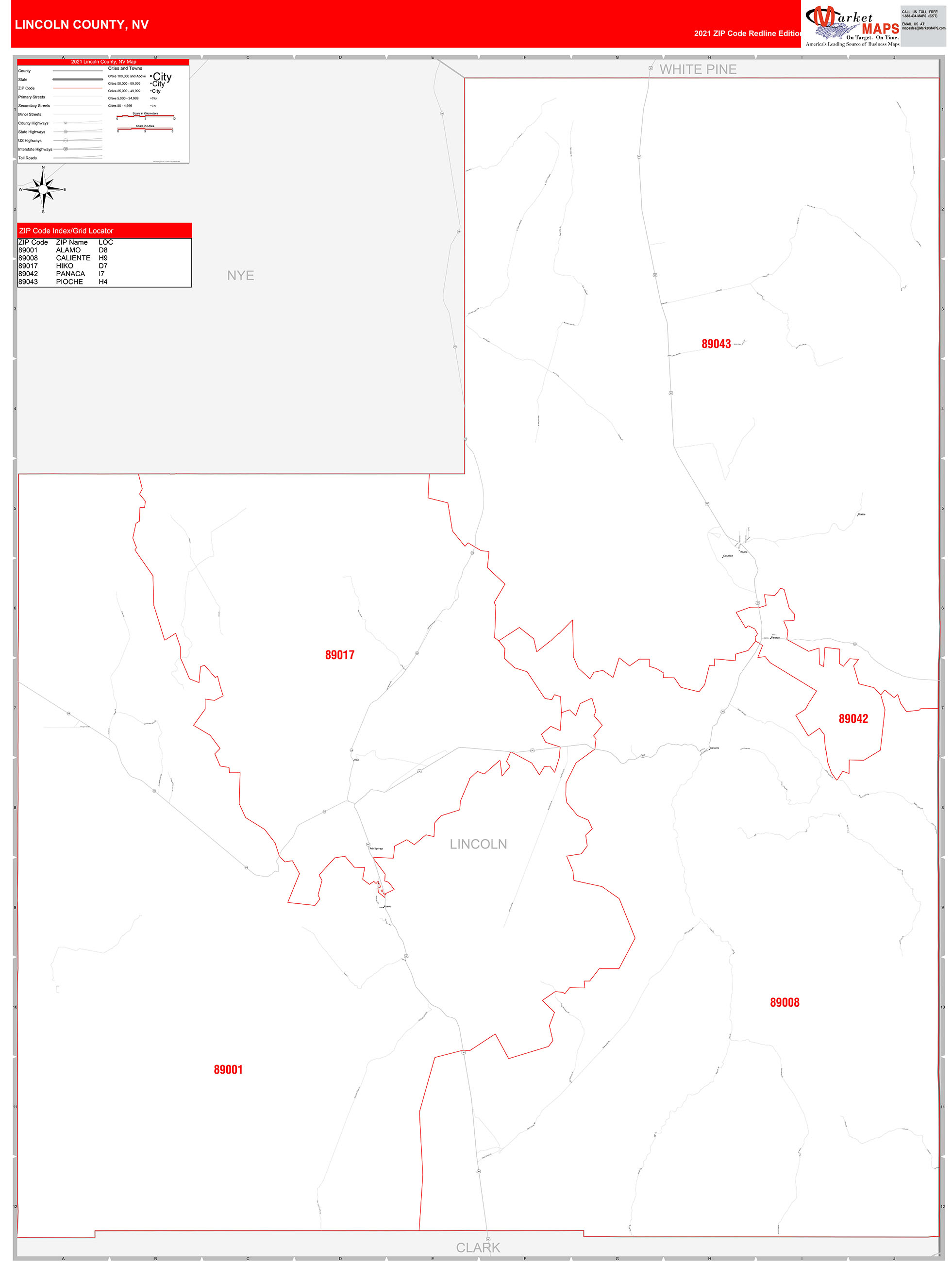 Lincoln County, NV Zip Code Wall Map Red Line Style by MarketMAPS ...