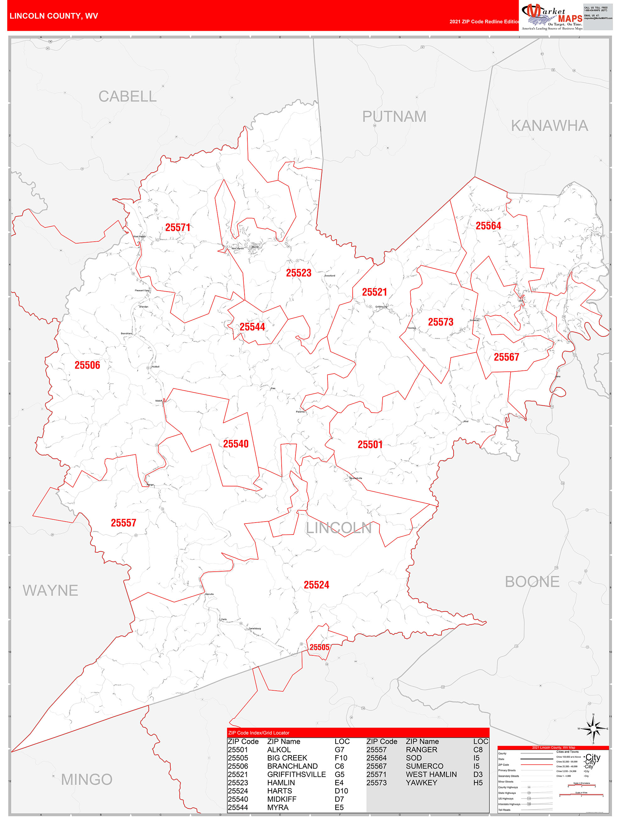 Lincoln County, WV Zip Code Wall Map Red Line Style by MarketMAPS