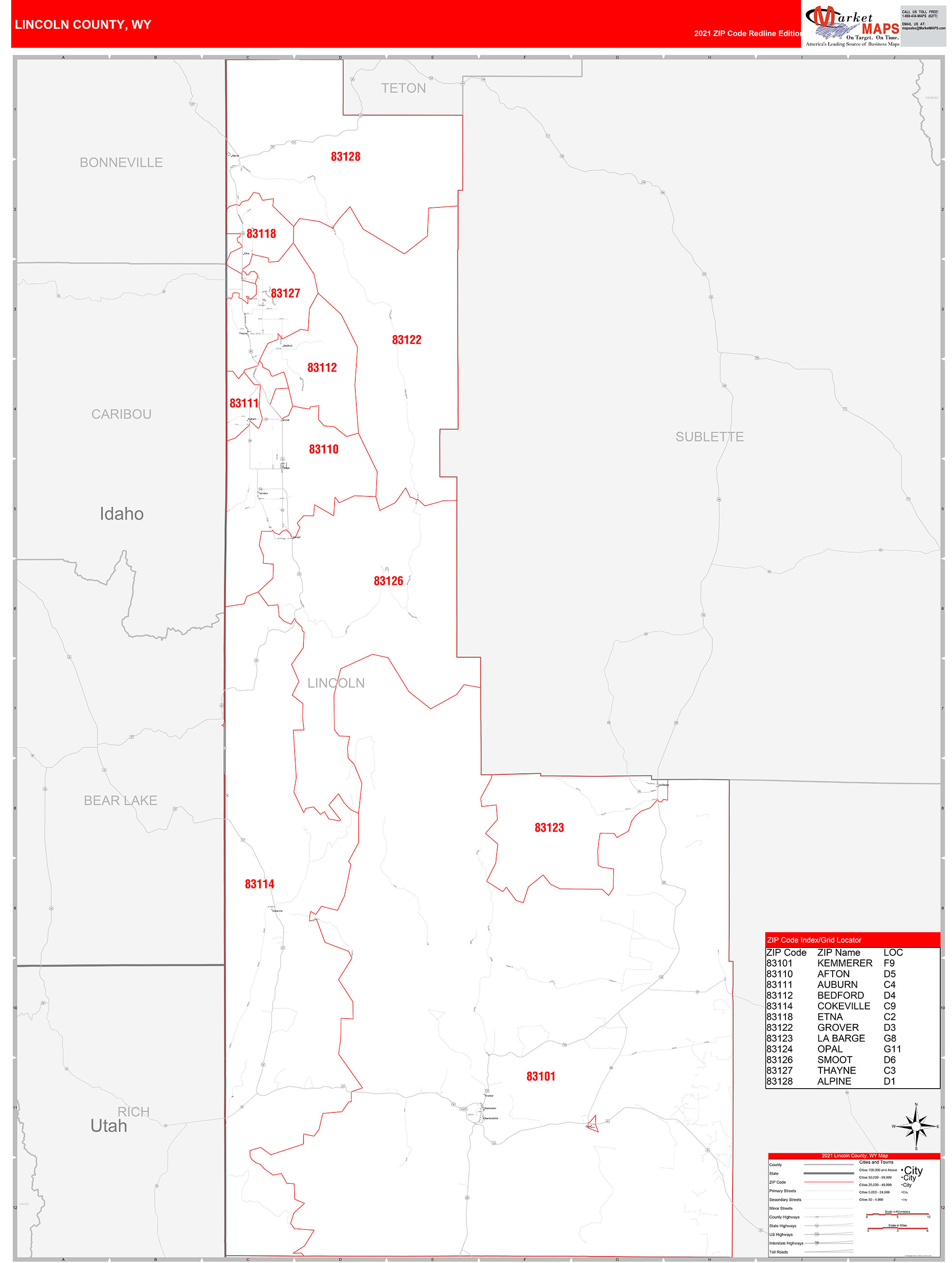 Lincoln County, WY Zip Code Wall Map Red Line Style by MarketMAPS