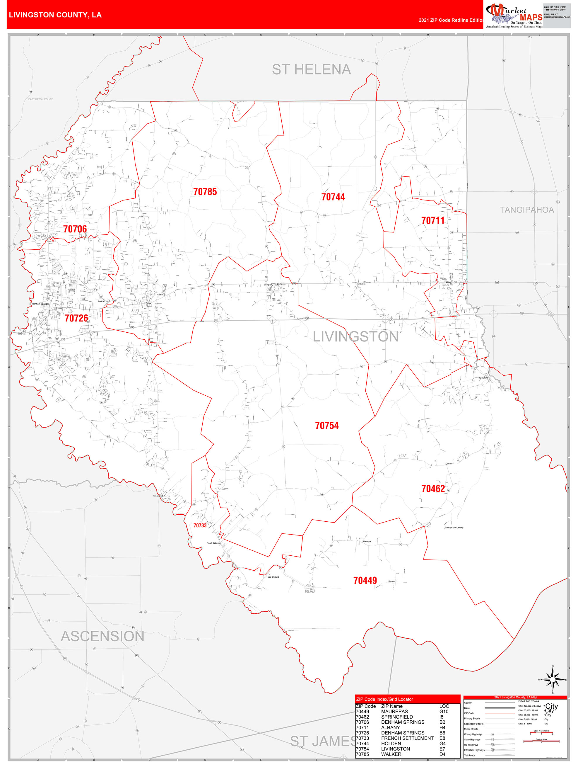 Livingston County, LA Zip Code Wall Map Red Line Style by MarketMAPS