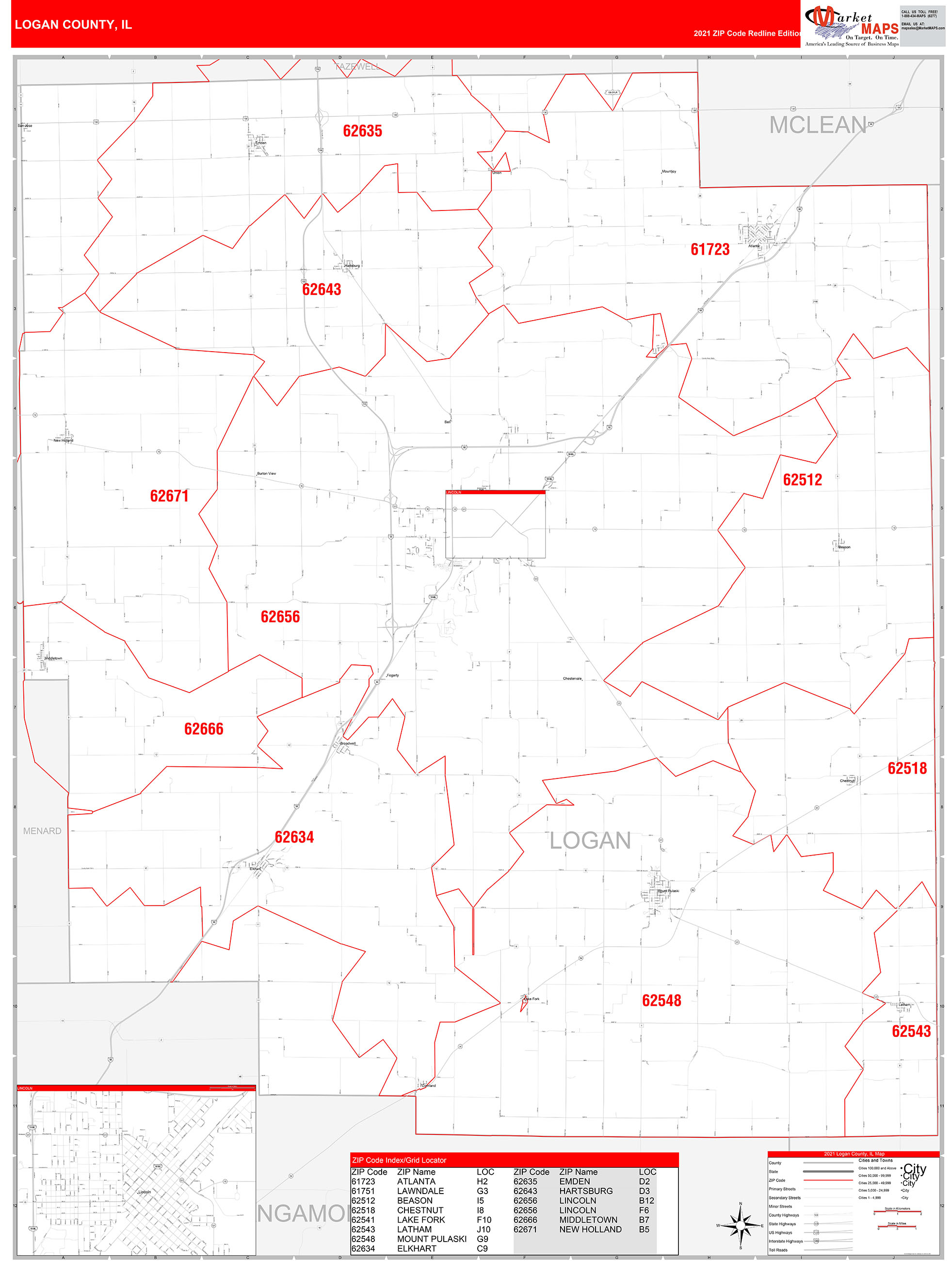 Logan County, IL Zip Code Wall Map Red Line Style by MarketMAPS