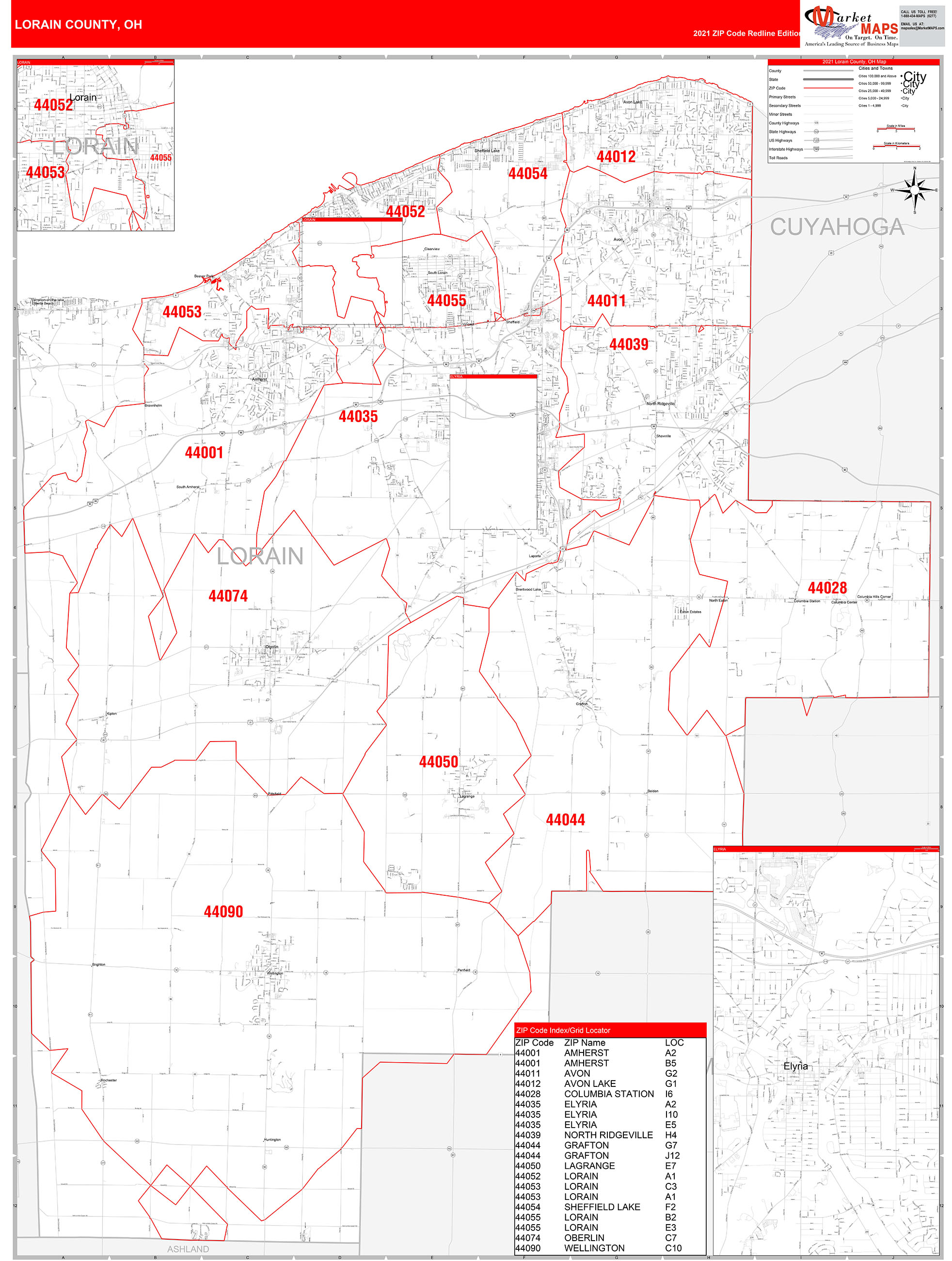 Lorain County Oh Zip Code Wall Map Red Line Style By Marketmaps Mapsales 1479