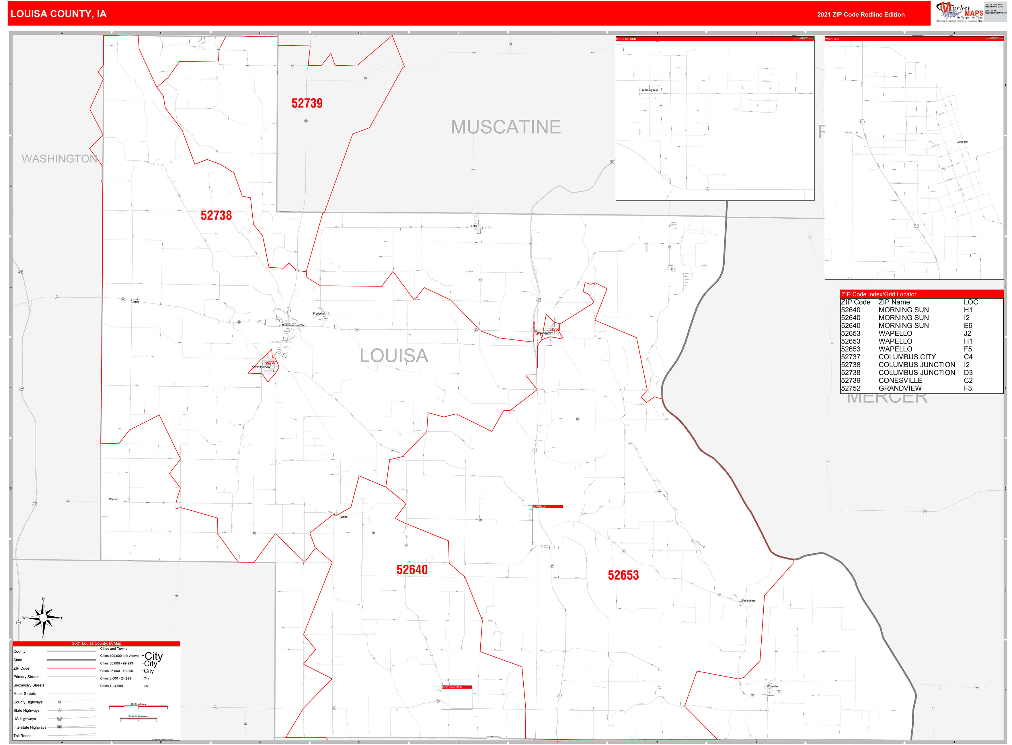 Louisa County, IA Zip Code Wall Map Red Line Style by MarketMAPS MapSales