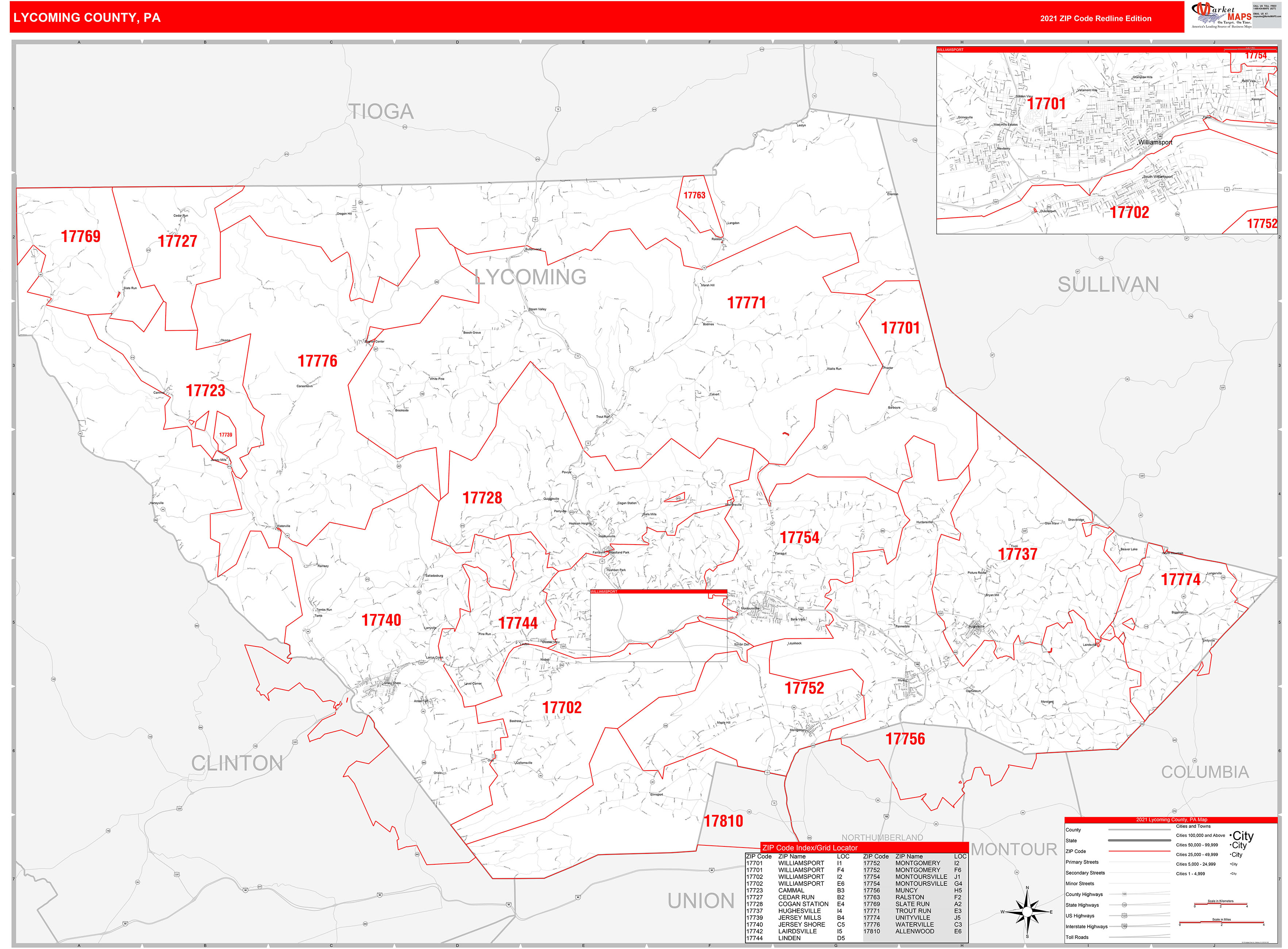 Lycoming County, PA Zip Code Wall Map Red Line Style by MarketMAPS ...