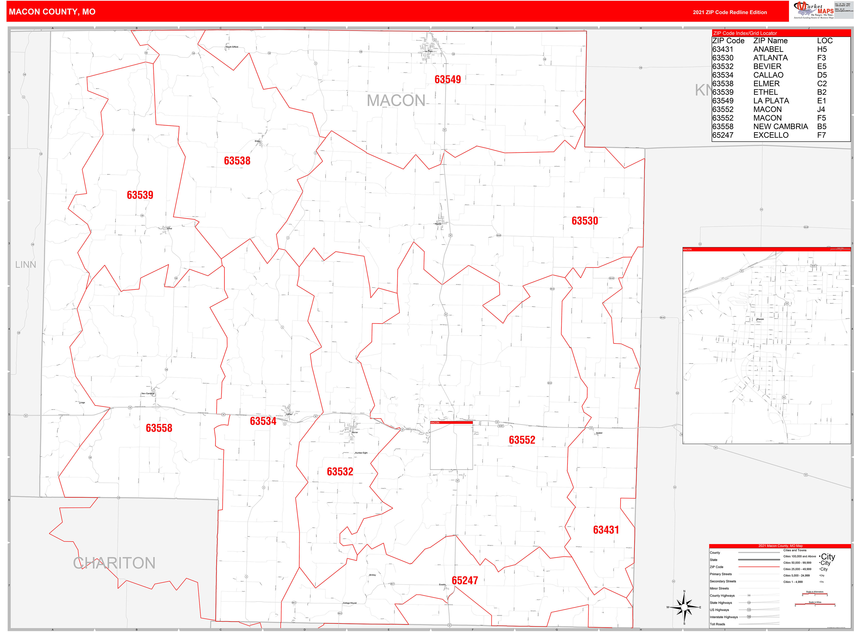Macon County Mo Zip Code Wall Map Red Line Style By Marketmaps