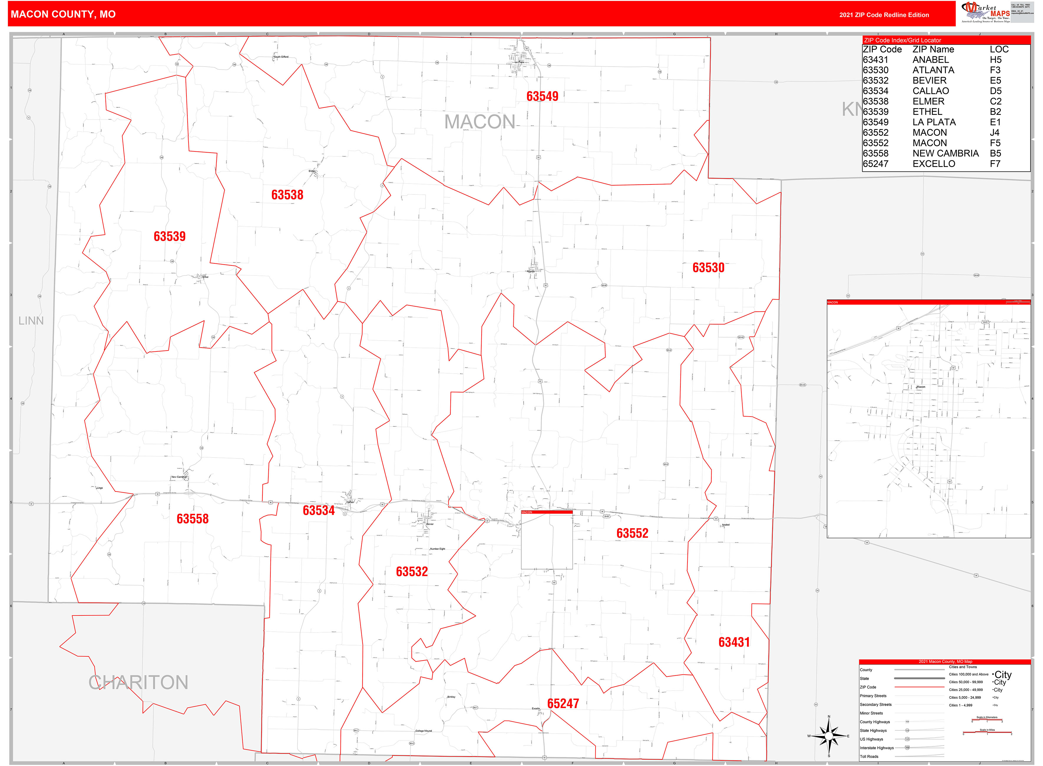 Macon County, MO Zip Code Wall Map Red Line Style by MarketMAPS