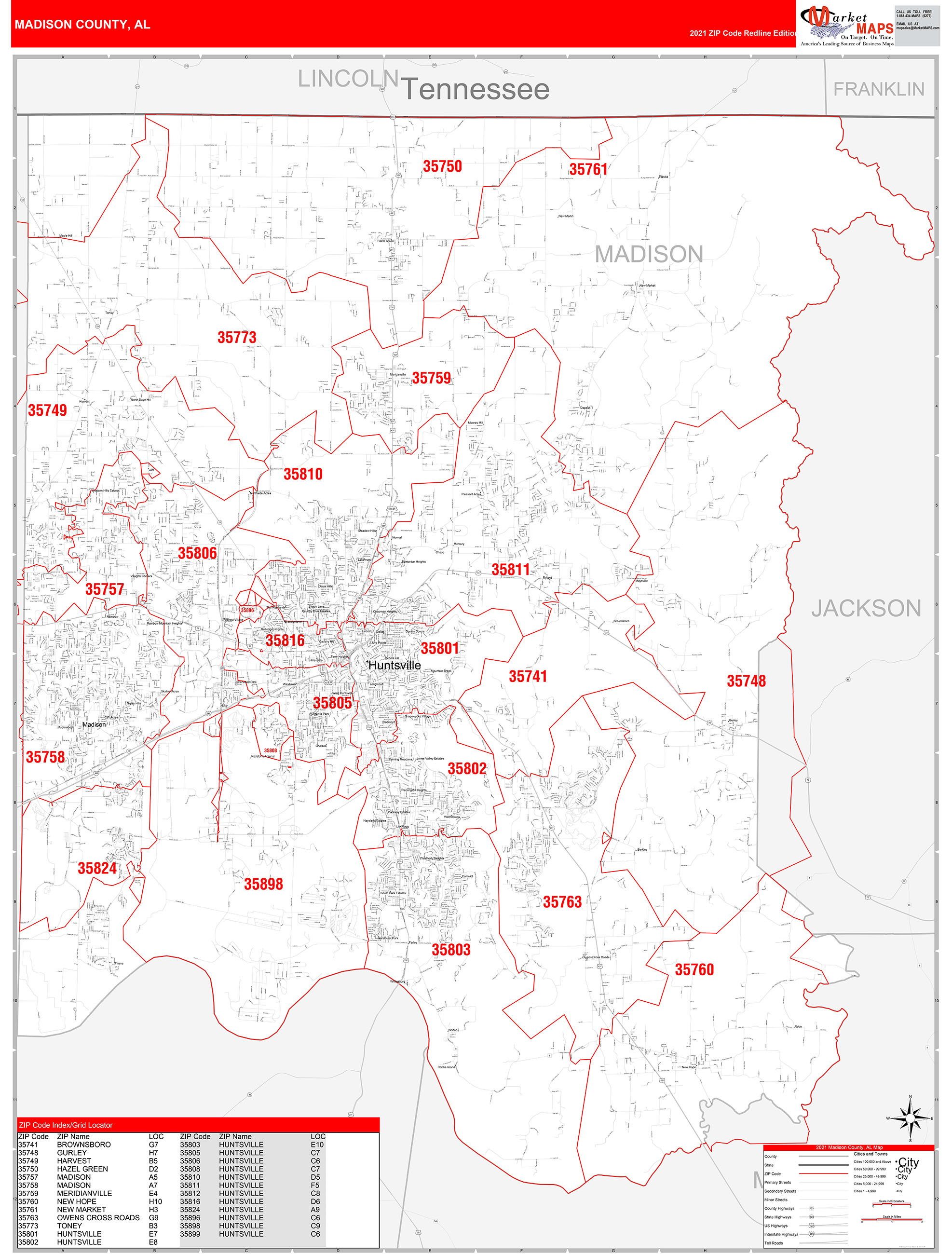 Madison County Al Zip Code Wall Map Red Line Style By Marketmaps Mapsales 3769