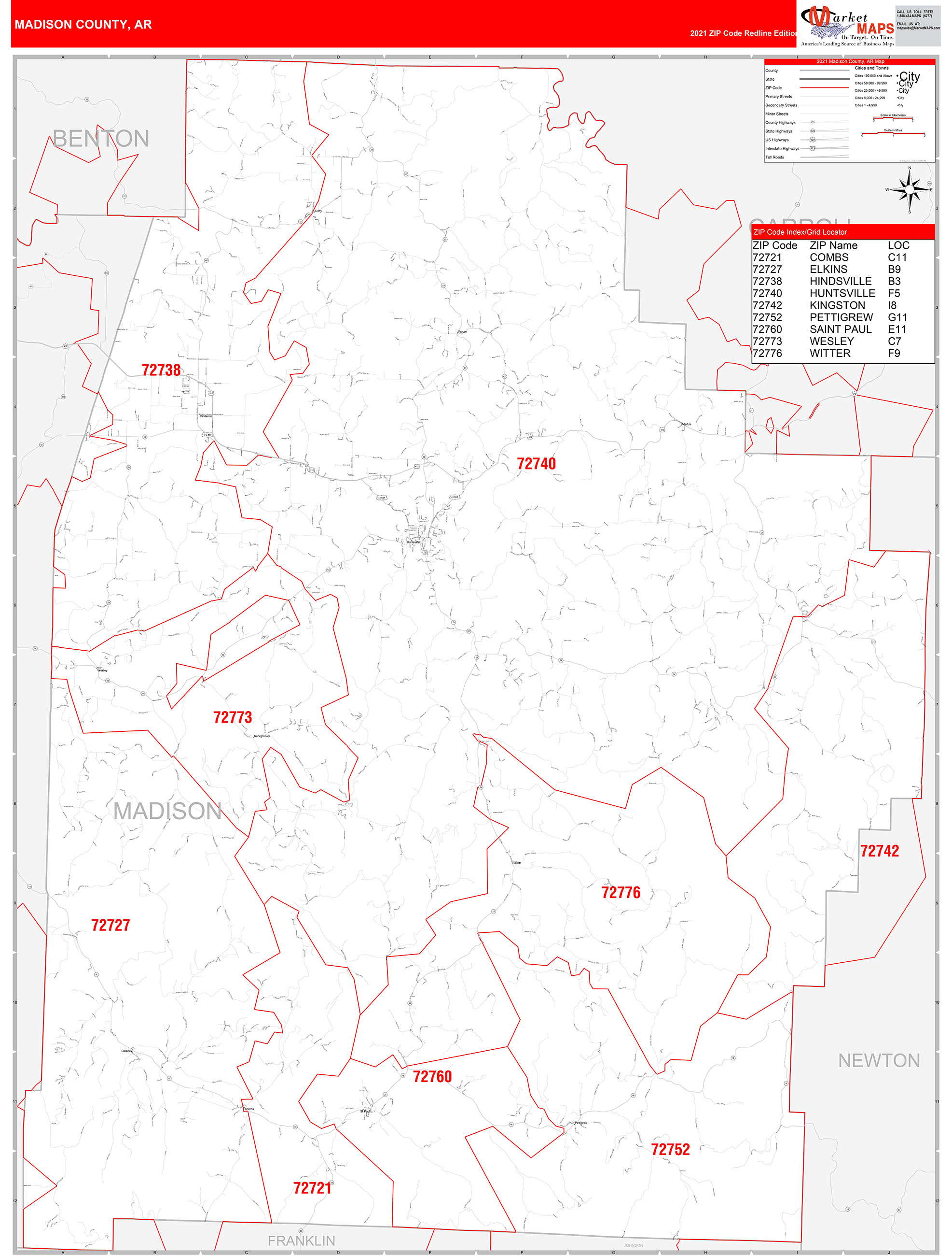 Madison County, AR Zip Code Wall Map Red Line Style by MarketMAPS ...