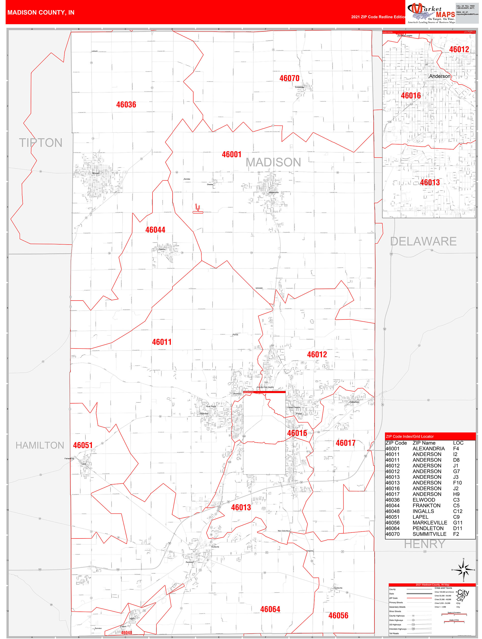 Madison County, IN Zip Code Wall Map Red Line Style by MarketMAPS