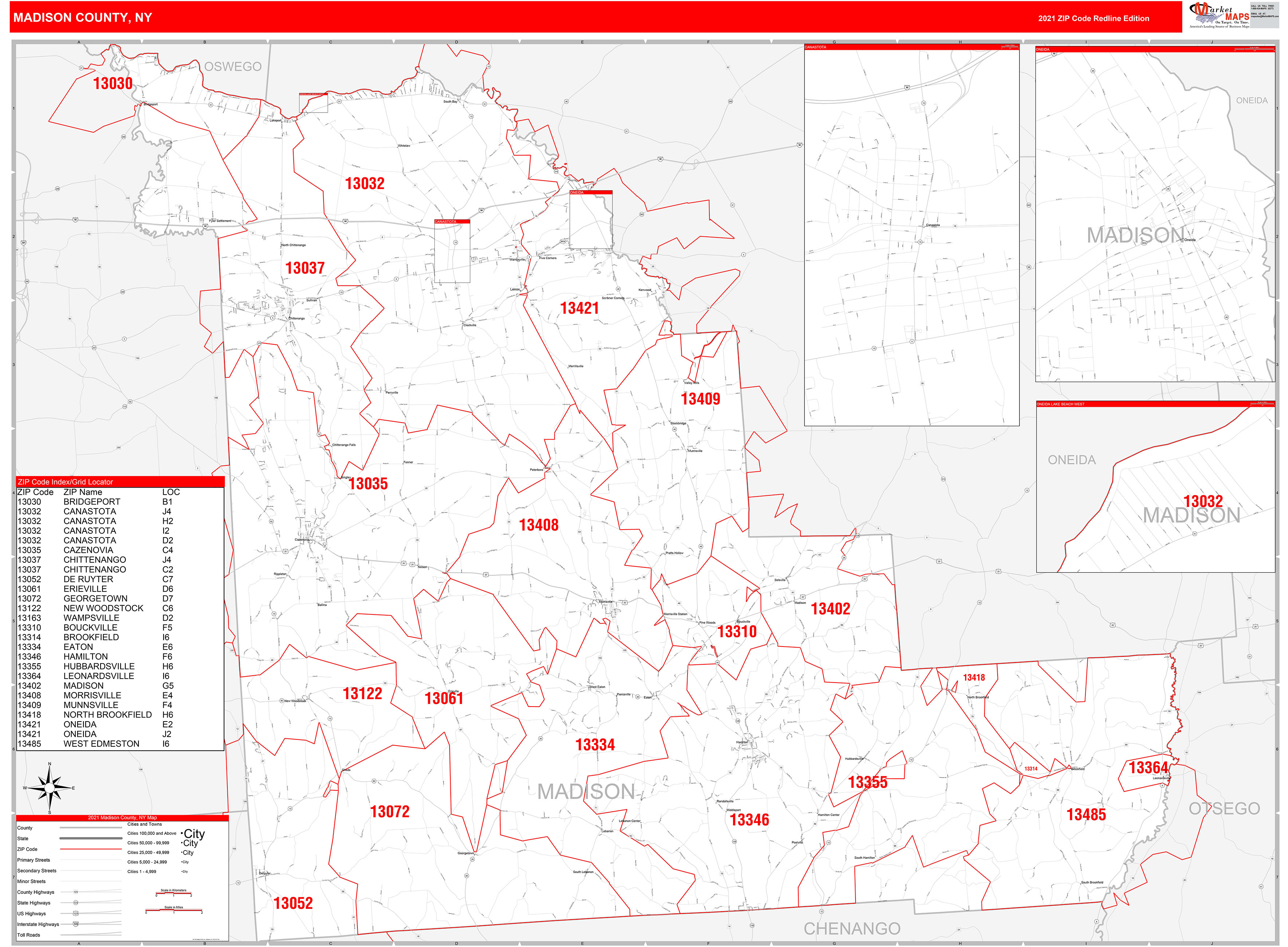 Madison County, NY Zip Code Wall Map Red Line Style by MarketMAPS