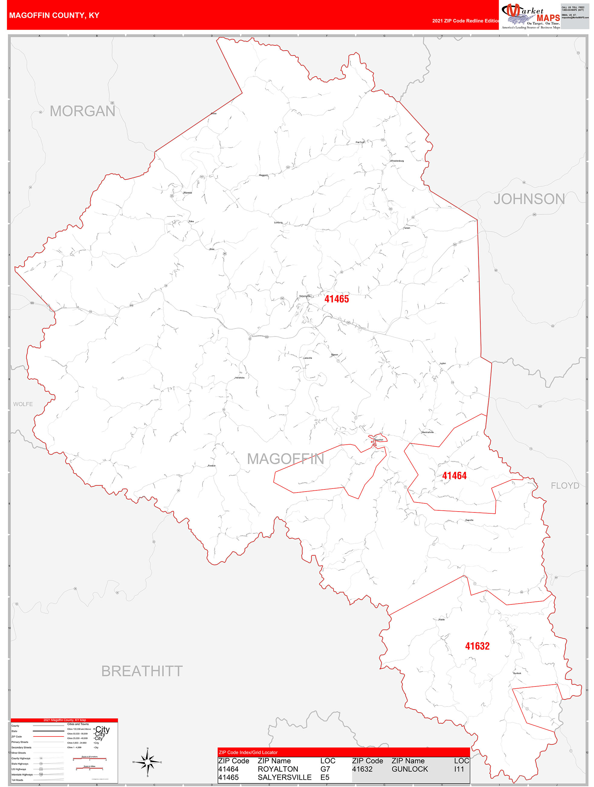 Magoffin County, KY Zip Code Wall Map Red Line Style by MarketMAPS ...