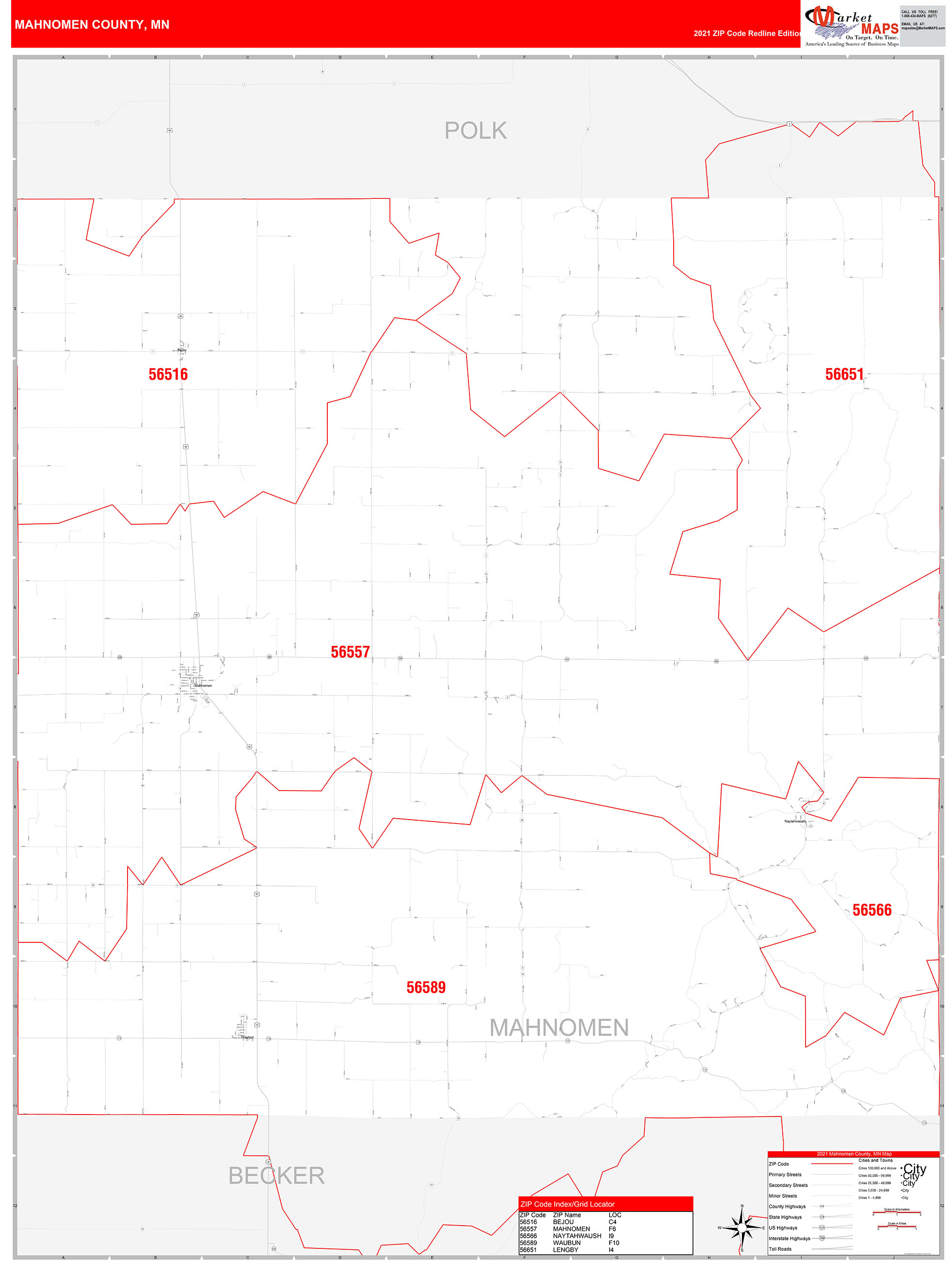 Mahnomen County MN Zip Code Wall Map Red Line Style by MarketMAPS