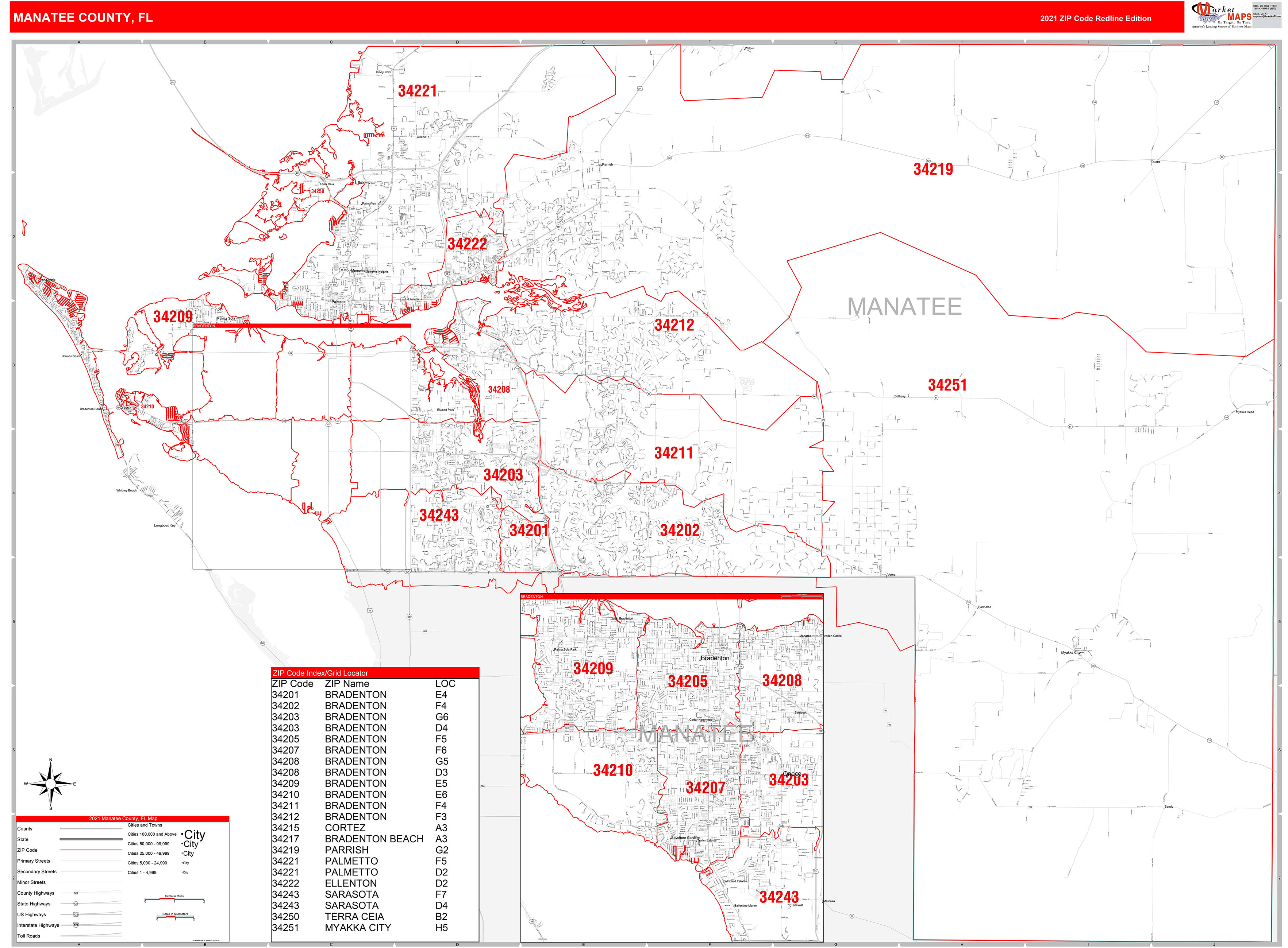 Manatee County Fl Zip Code Wall Map Red Line Style By Marketmaps