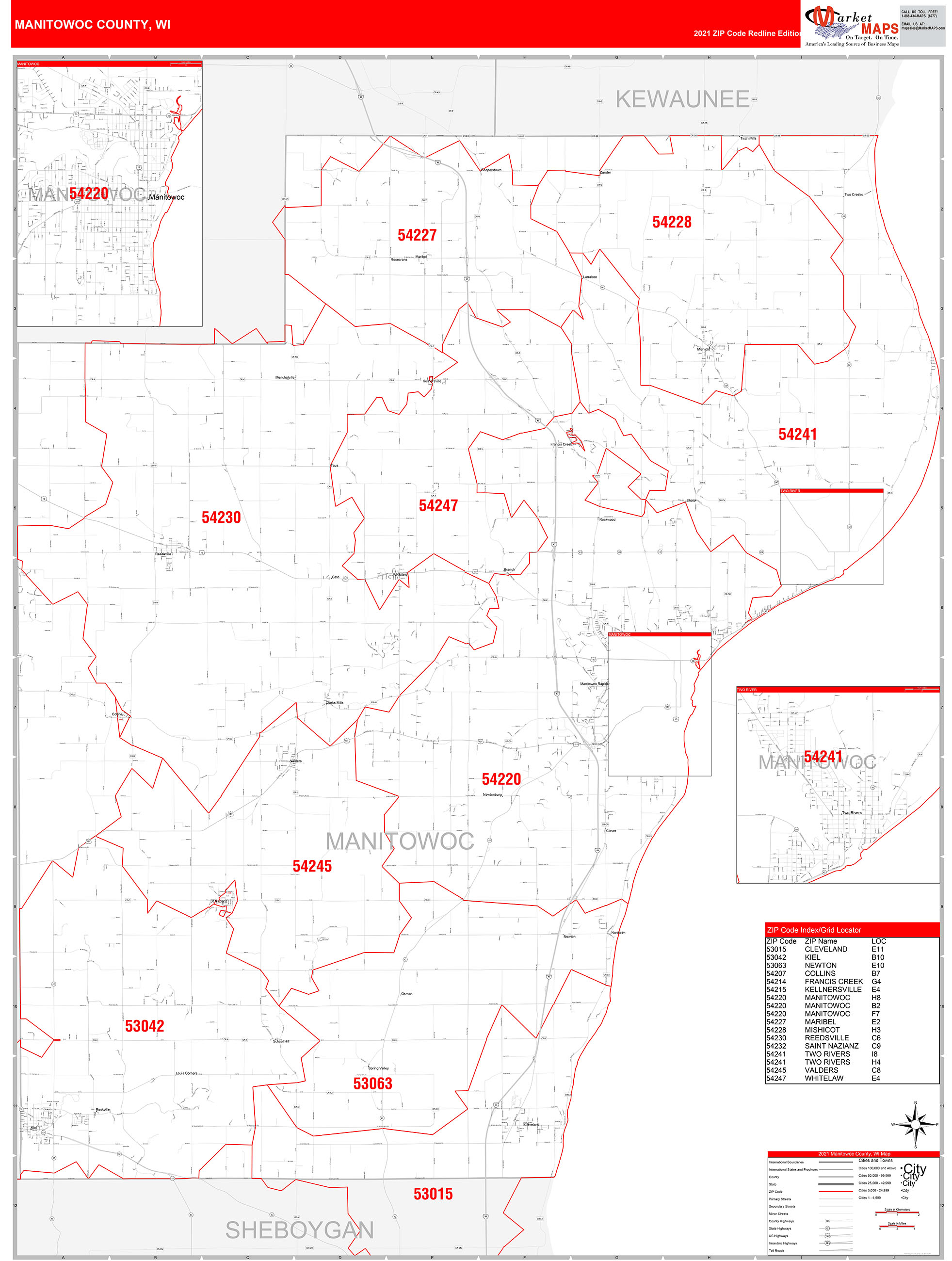 Manitowoc County, WI Zip Code Wall Map Red Line Style by MarketMAPS