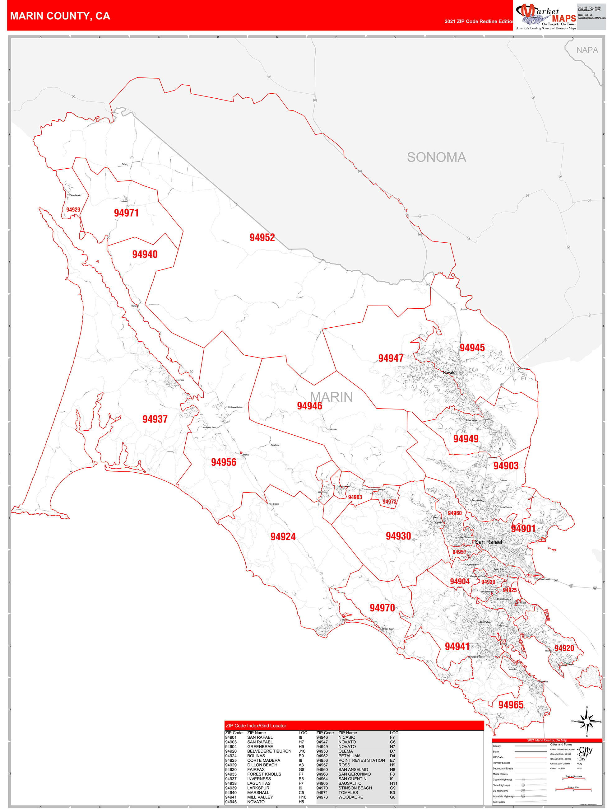 Marin County Ca Zip Code Wall Map Red Line Style By Marketmaps Mapsales