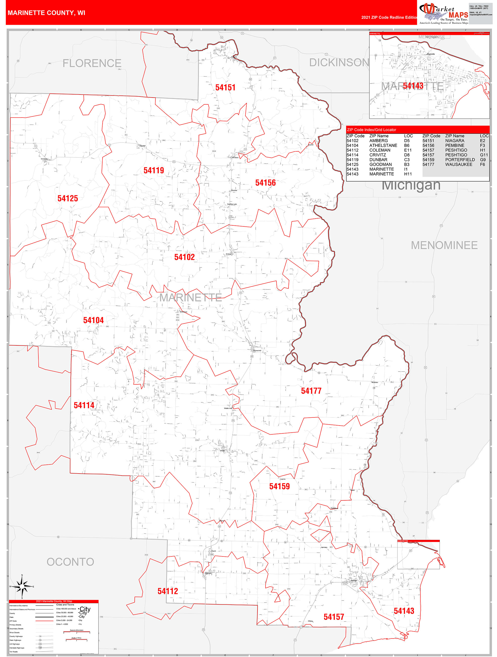 Marinette County, WI Zip Code Wall Map Red Line Style by MarketMAPS ...