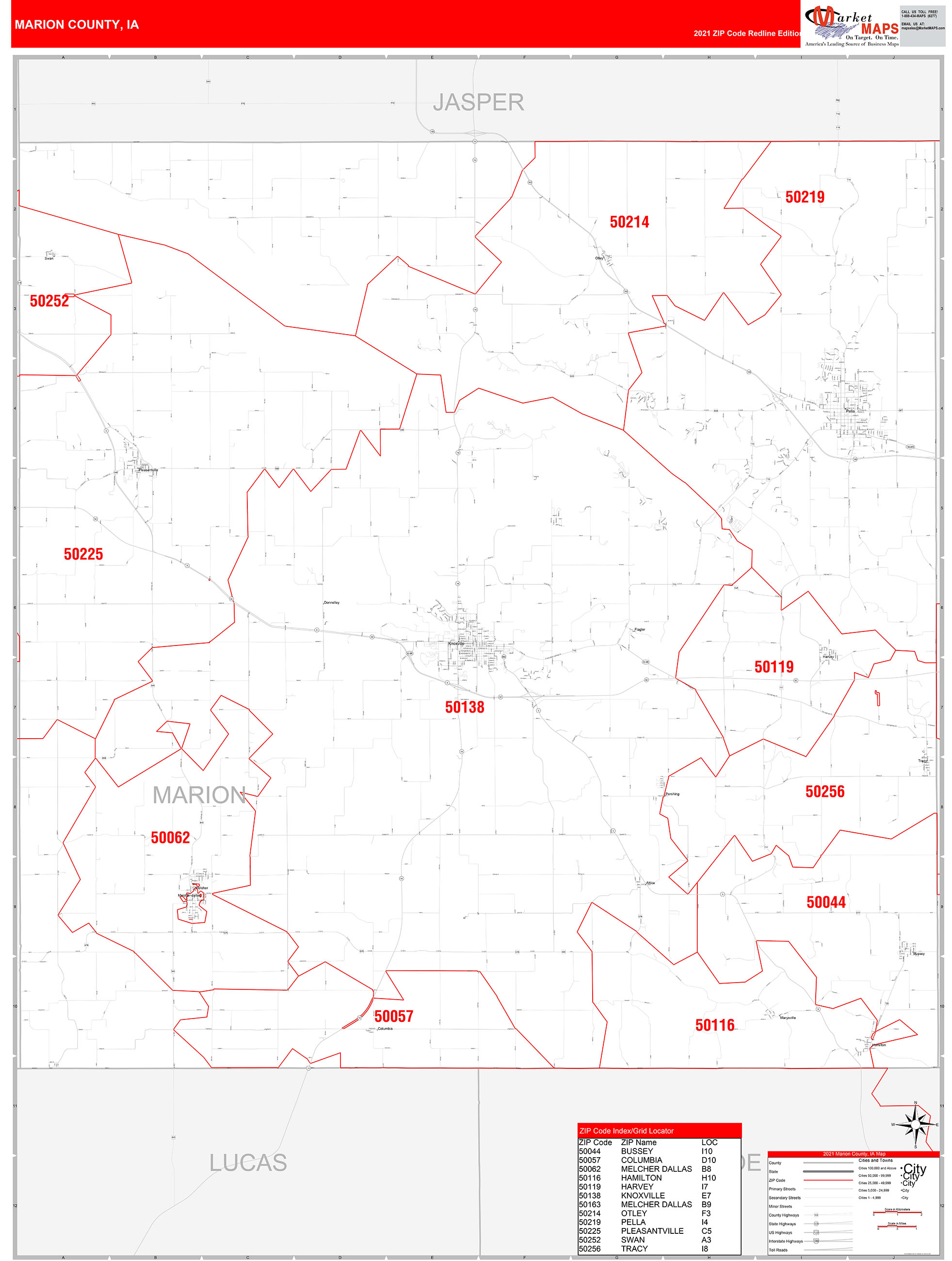 Marion County, IA Zip Code Wall Map Red Line Style by MarketMAPS ...