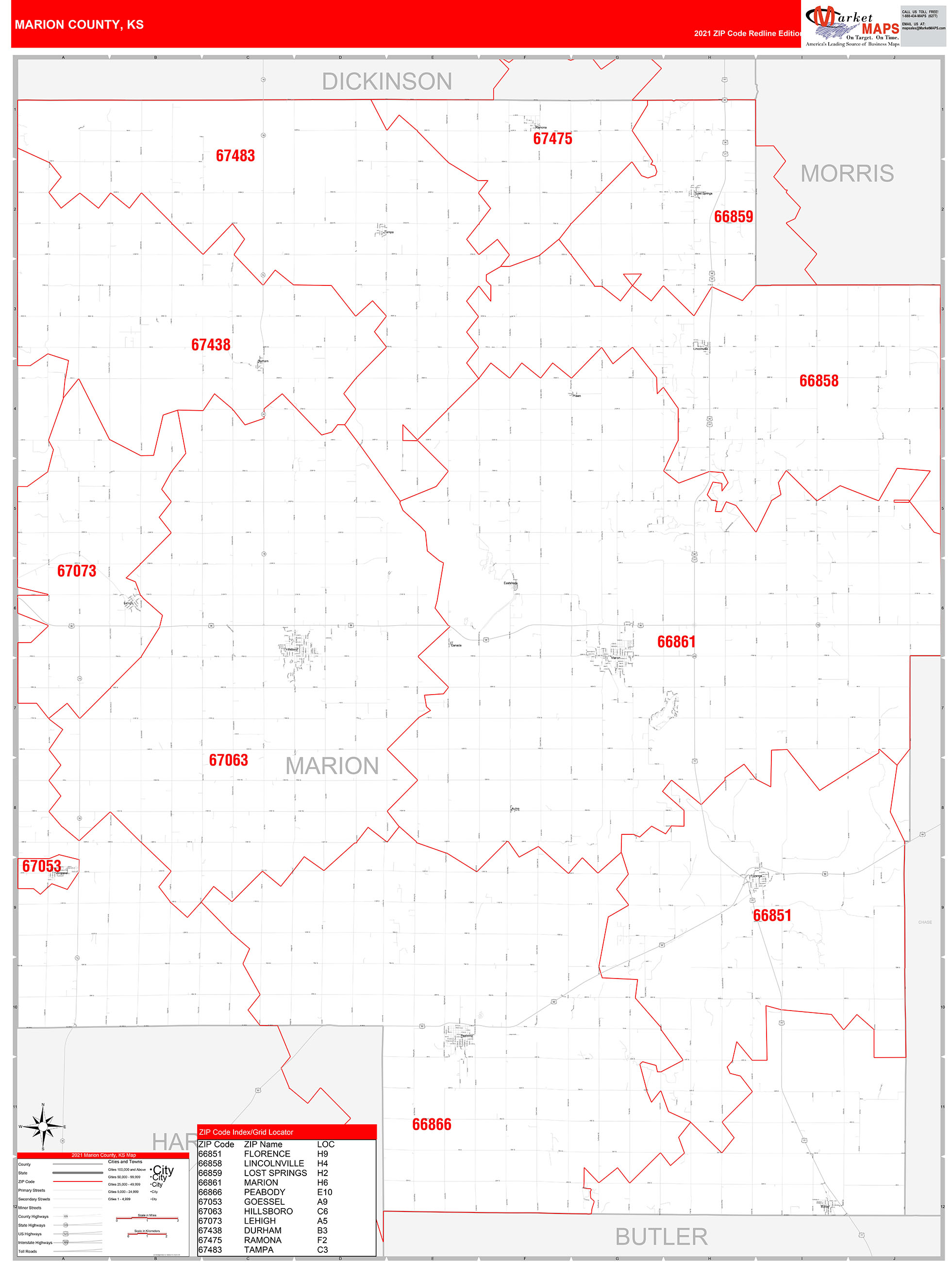 Marion County, KS Zip Code Wall Map Red Line Style by MarketMAPS - MapSales