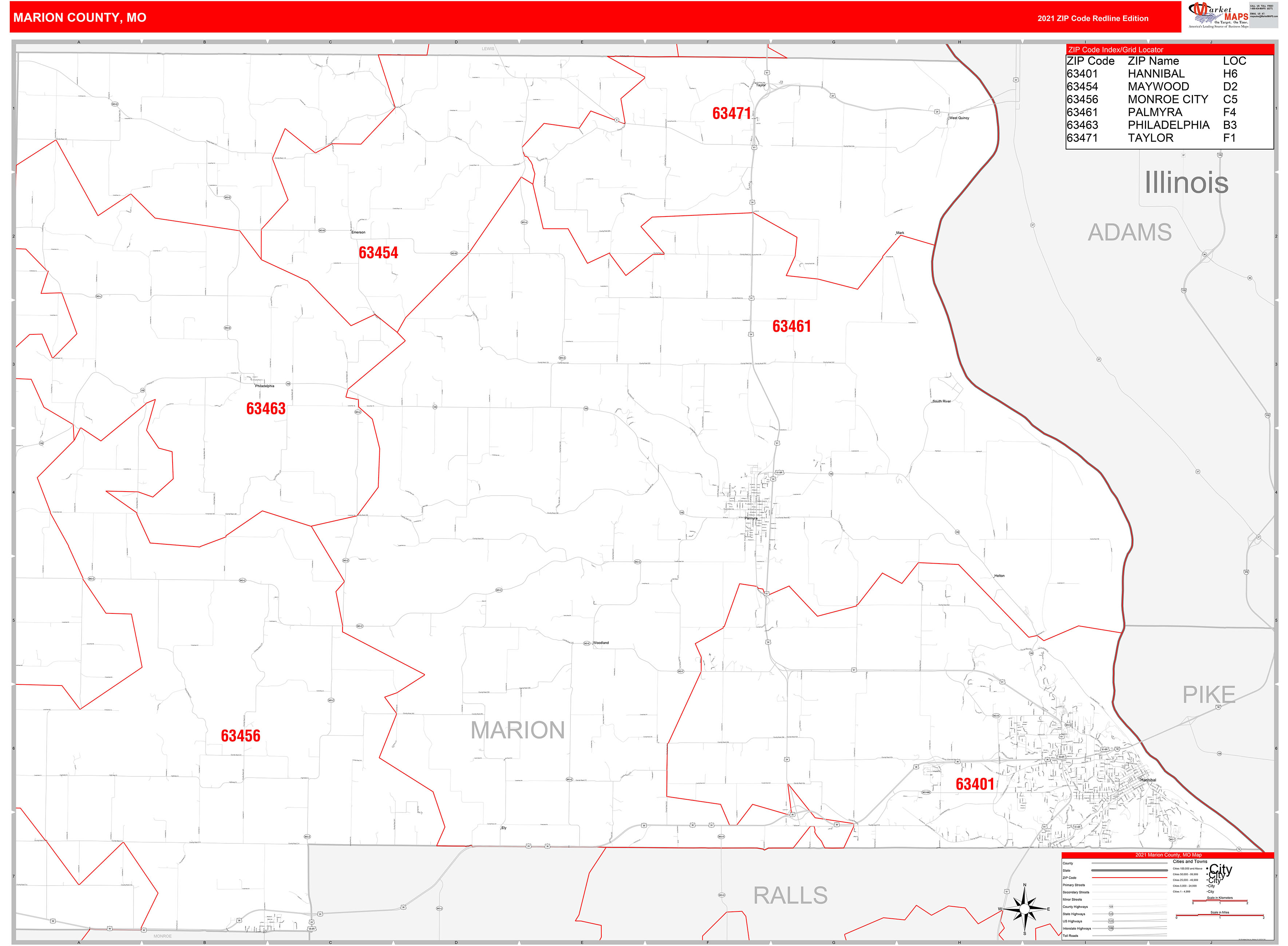 Marion County, MO Zip Code Wall Map Red Line Style by MarketMAPS - MapSales