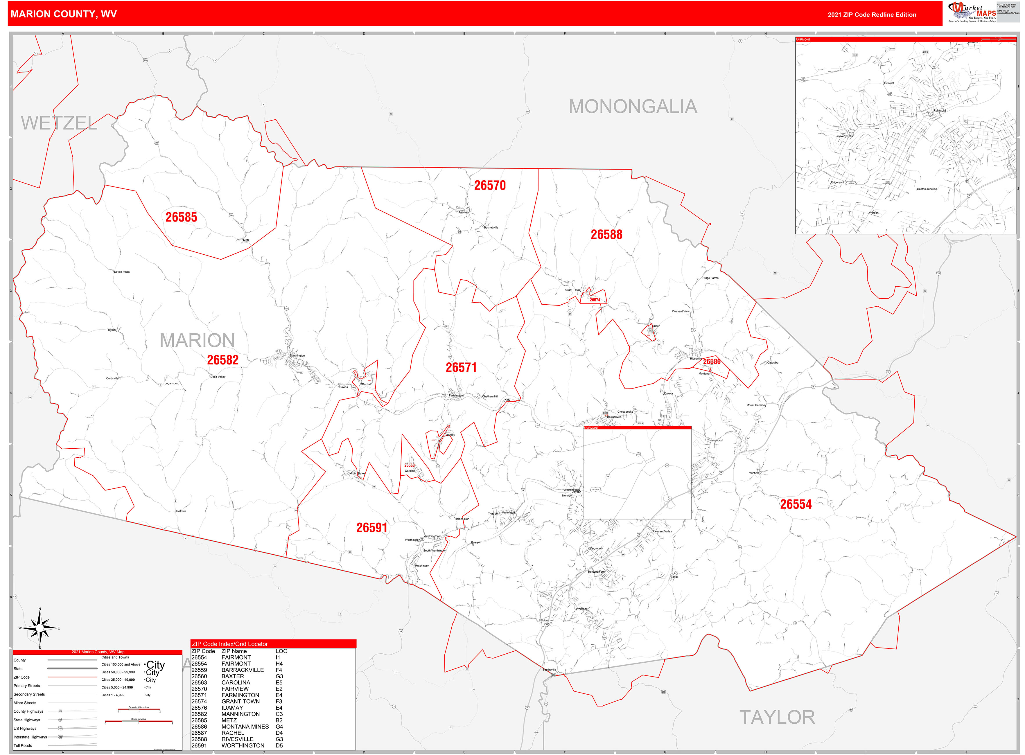 Marion County, WV Zip Code Wall Map Red Line Style by MarketMAPS