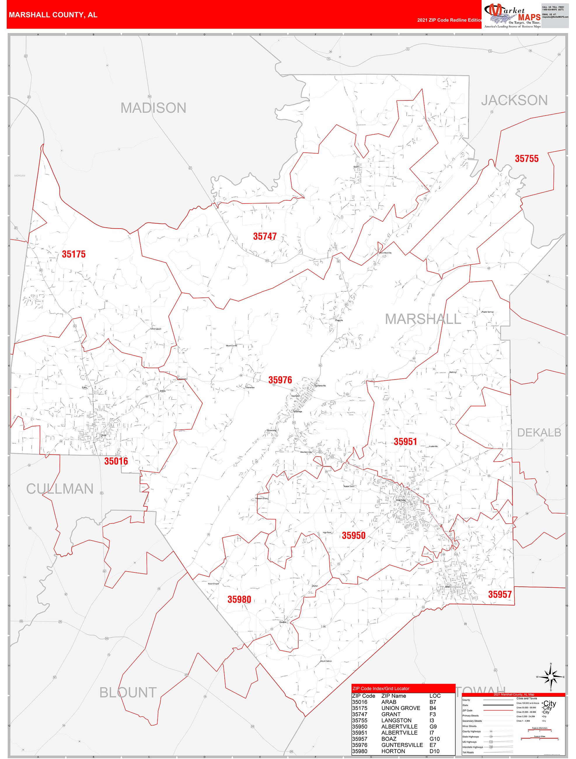 Marshall County, AL Zip Code Wall Map Red Line Style by MarketMAPS