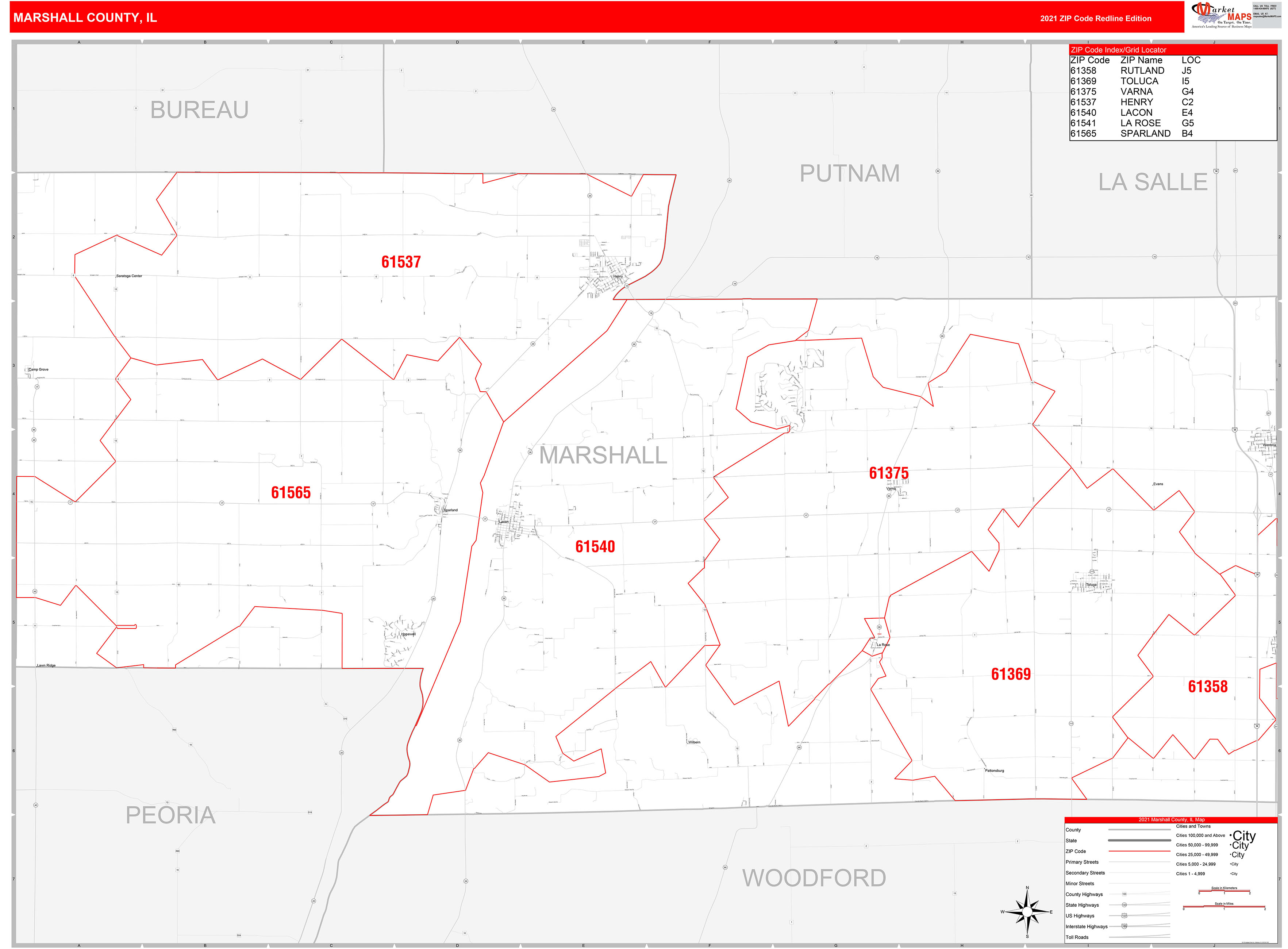 Marshall County IL Zip Code Wall Map Red Line Style by MarketMAPS