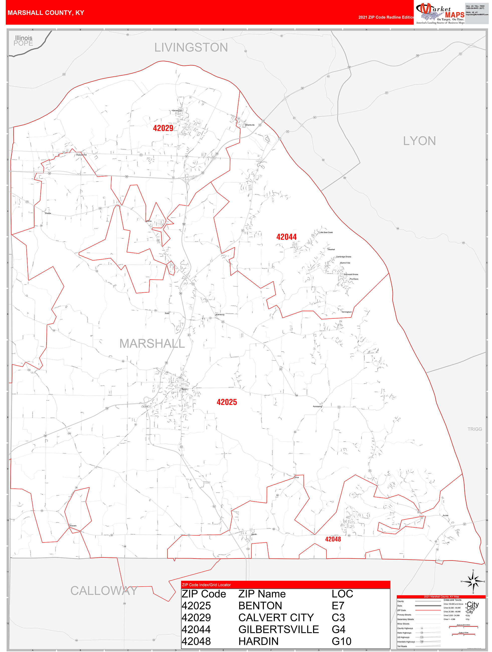 Marshall County, KY Zip Code Wall Map Red Line Style by MarketMAPS