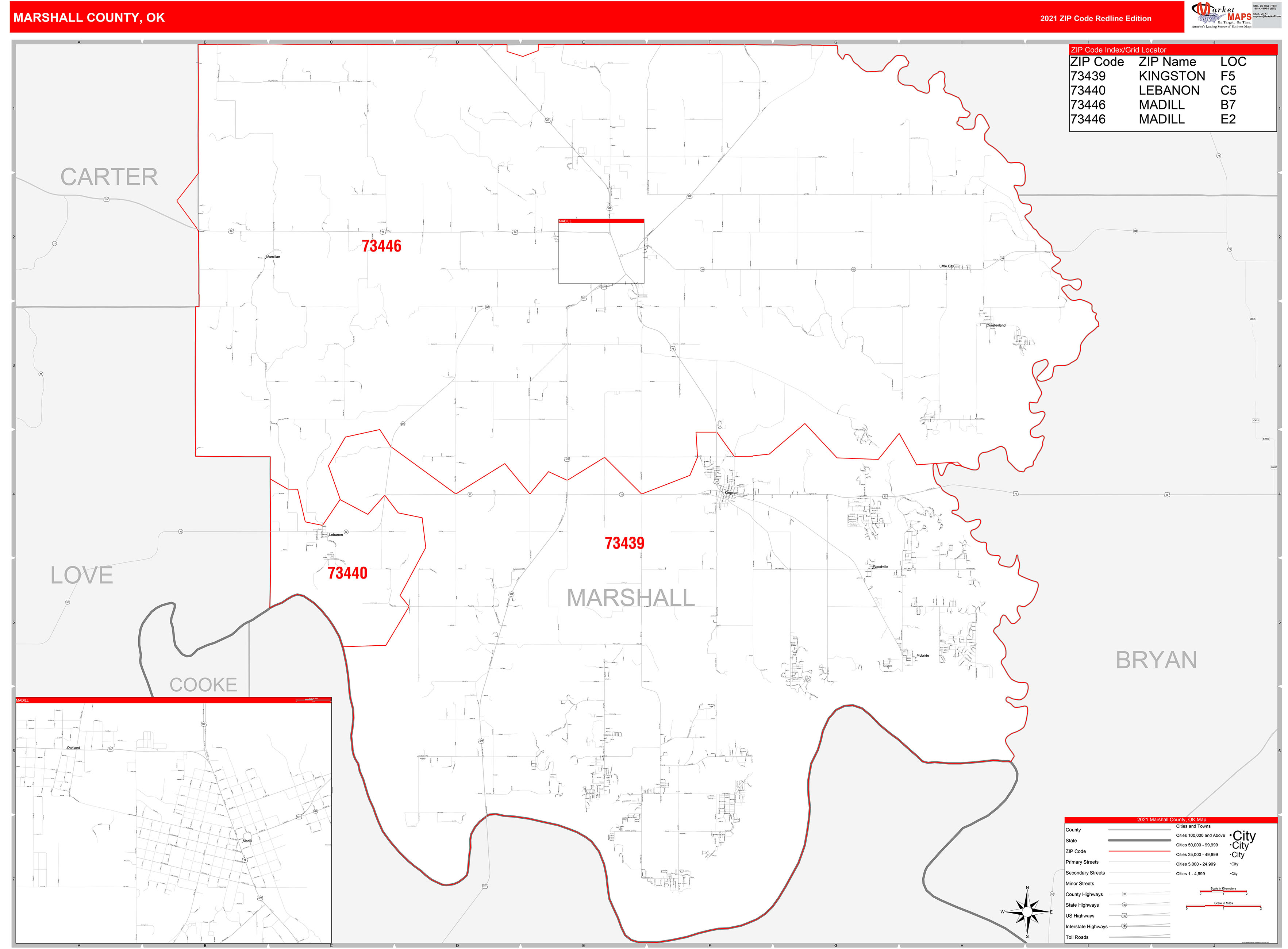 Marshall County, OK Zip Code Wall Map Red Line Style by MarketMAPS