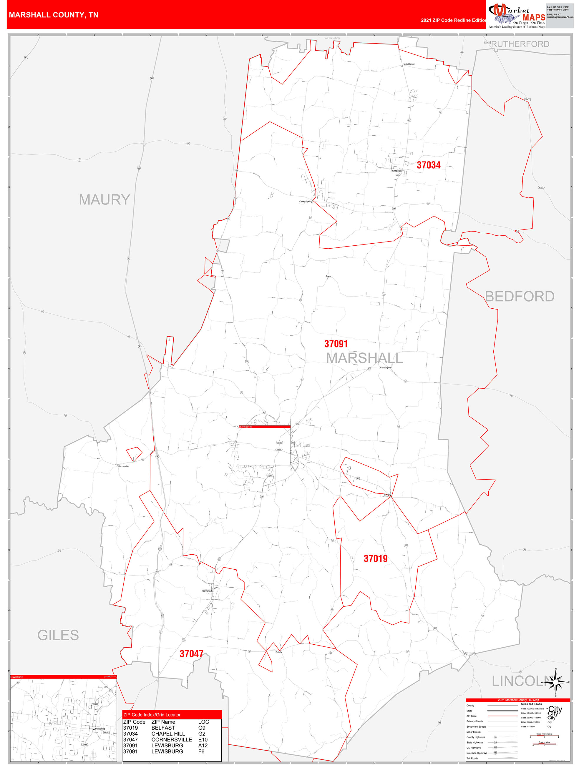 Marshall County, TN Zip Code Wall Map Red Line Style by MarketMAPS