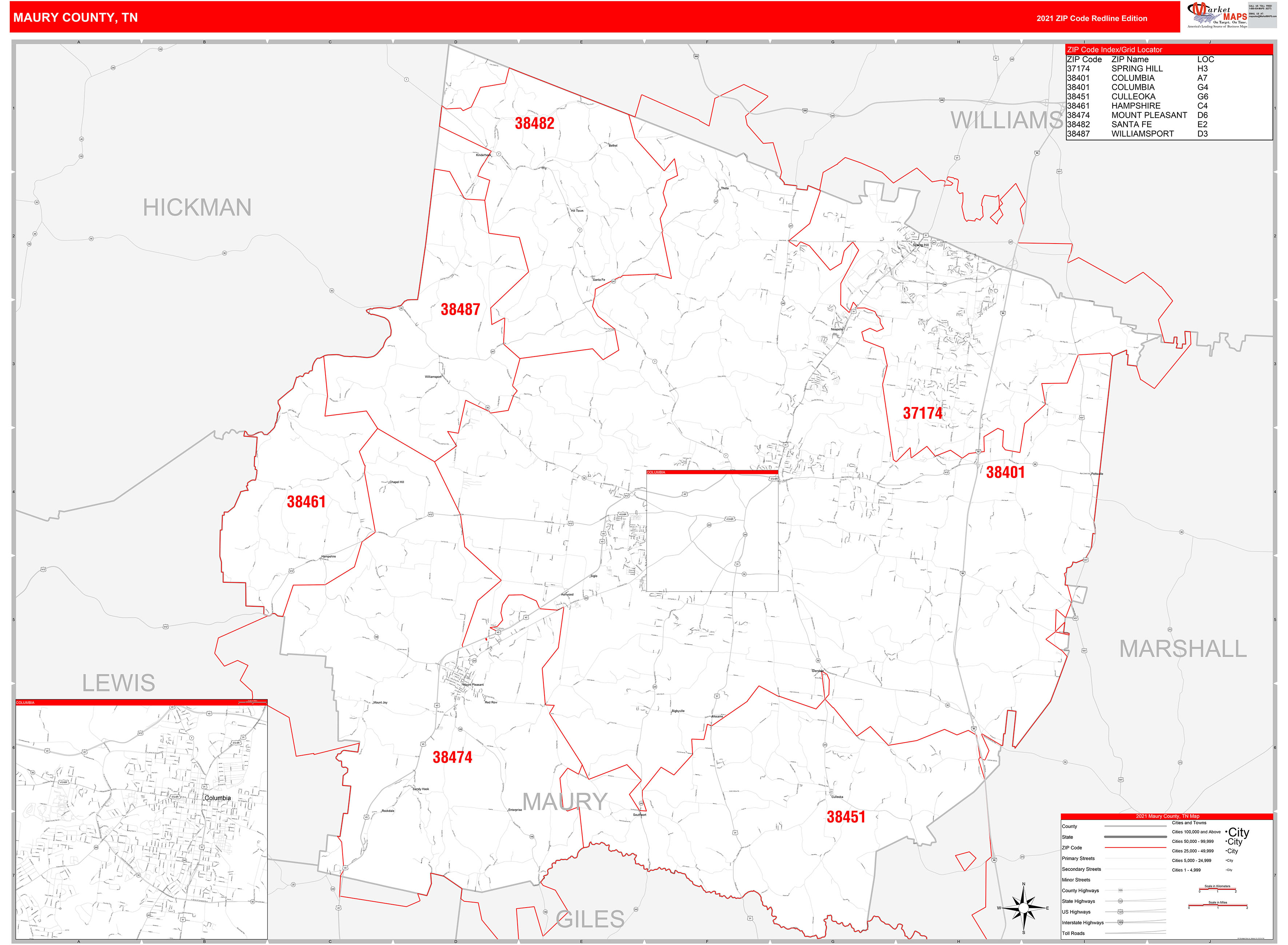 Maury County, TN Zip Code Wall Map Red Line Style by MarketMAPS - MapSales