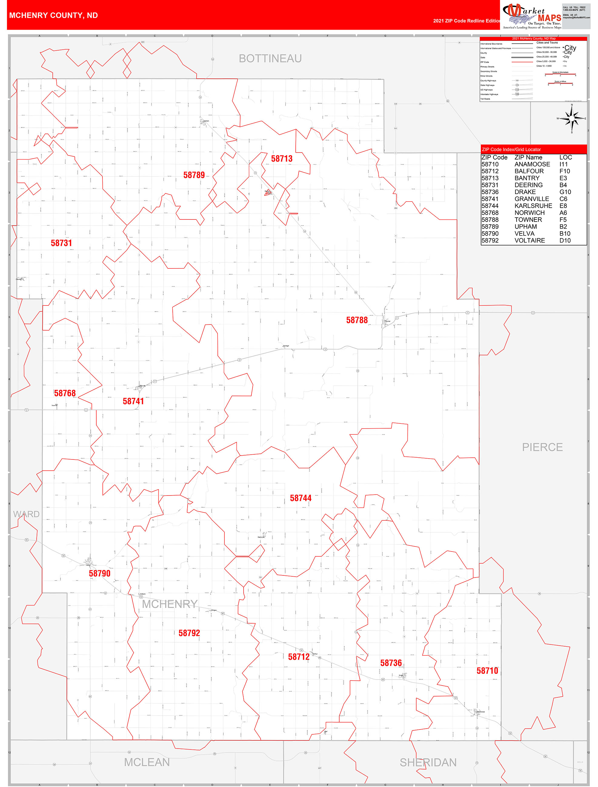 McHenry County, ND Zip Code Wall Map Red Line Style by MarketMAPS ...