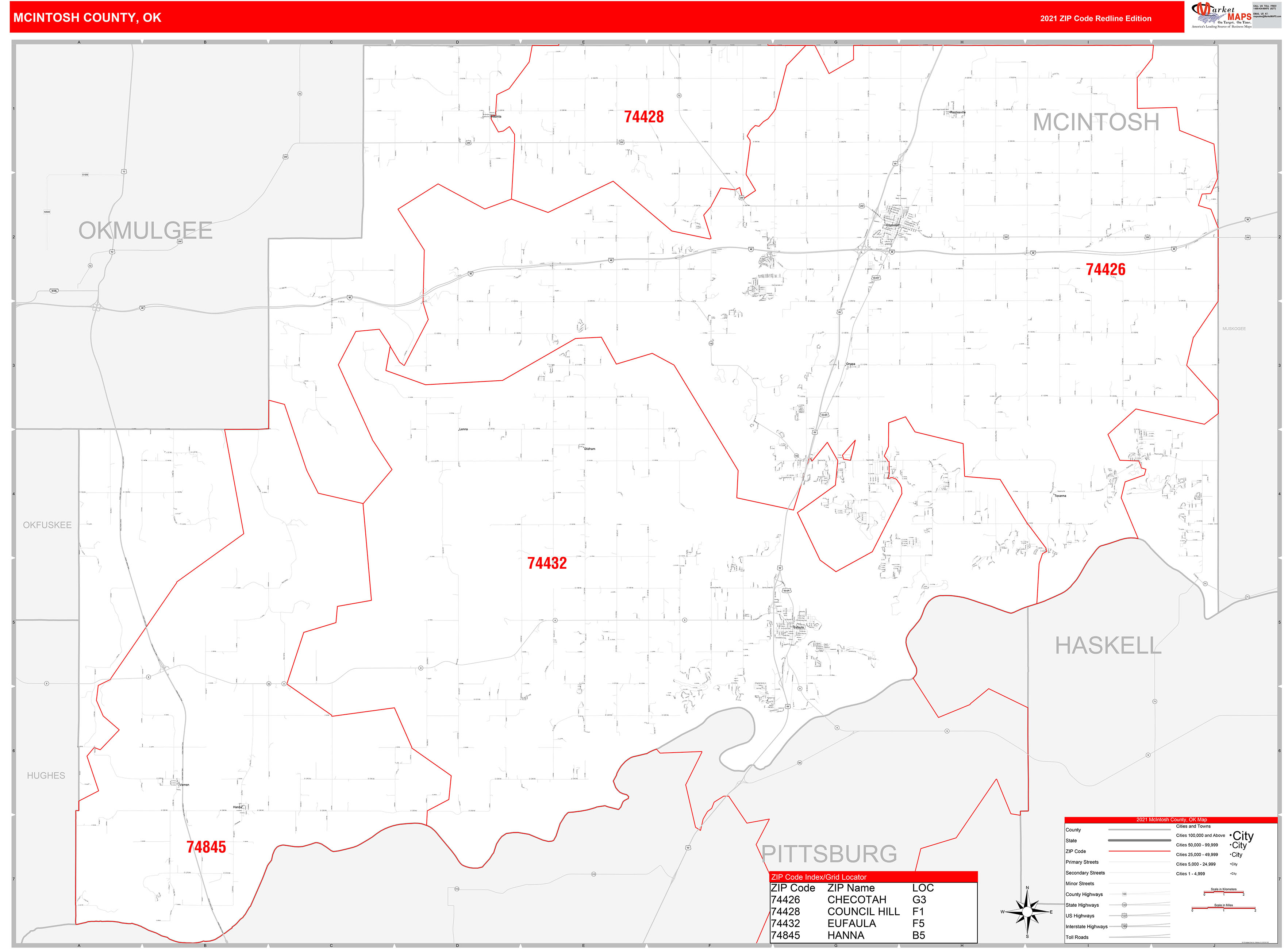 Mcintosh County Ok Zip Code Wall Map Red Line Style By Marketmaps Mapsales 9343